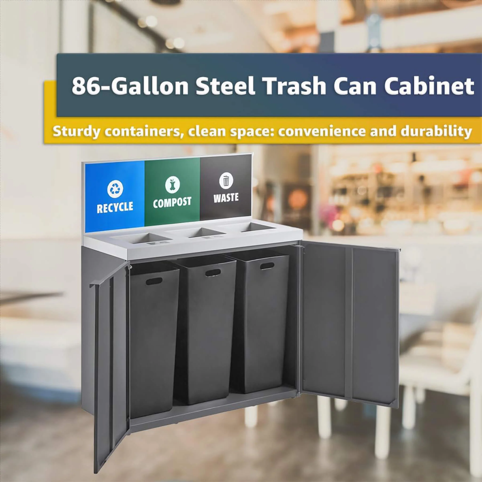 86-Gallon Heavy-Duty Commercial Steel Three-Stream Trash Can Cabinet With Panel (SAK96241) - Image 4