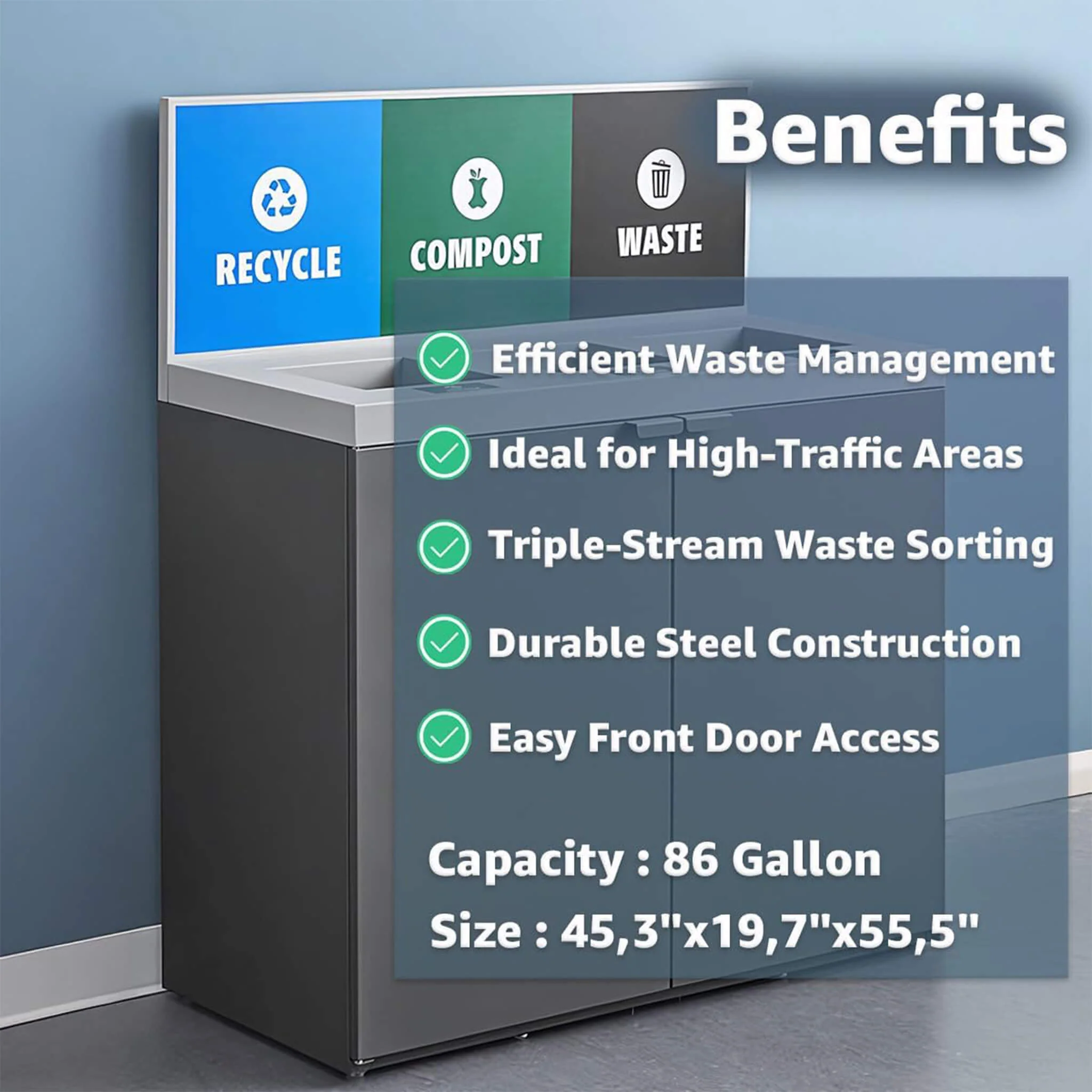 86-Gallon Heavy-Duty Commercial Steel Three-Stream Trash Can Cabinet With Panel (SAK96241) - Image 5