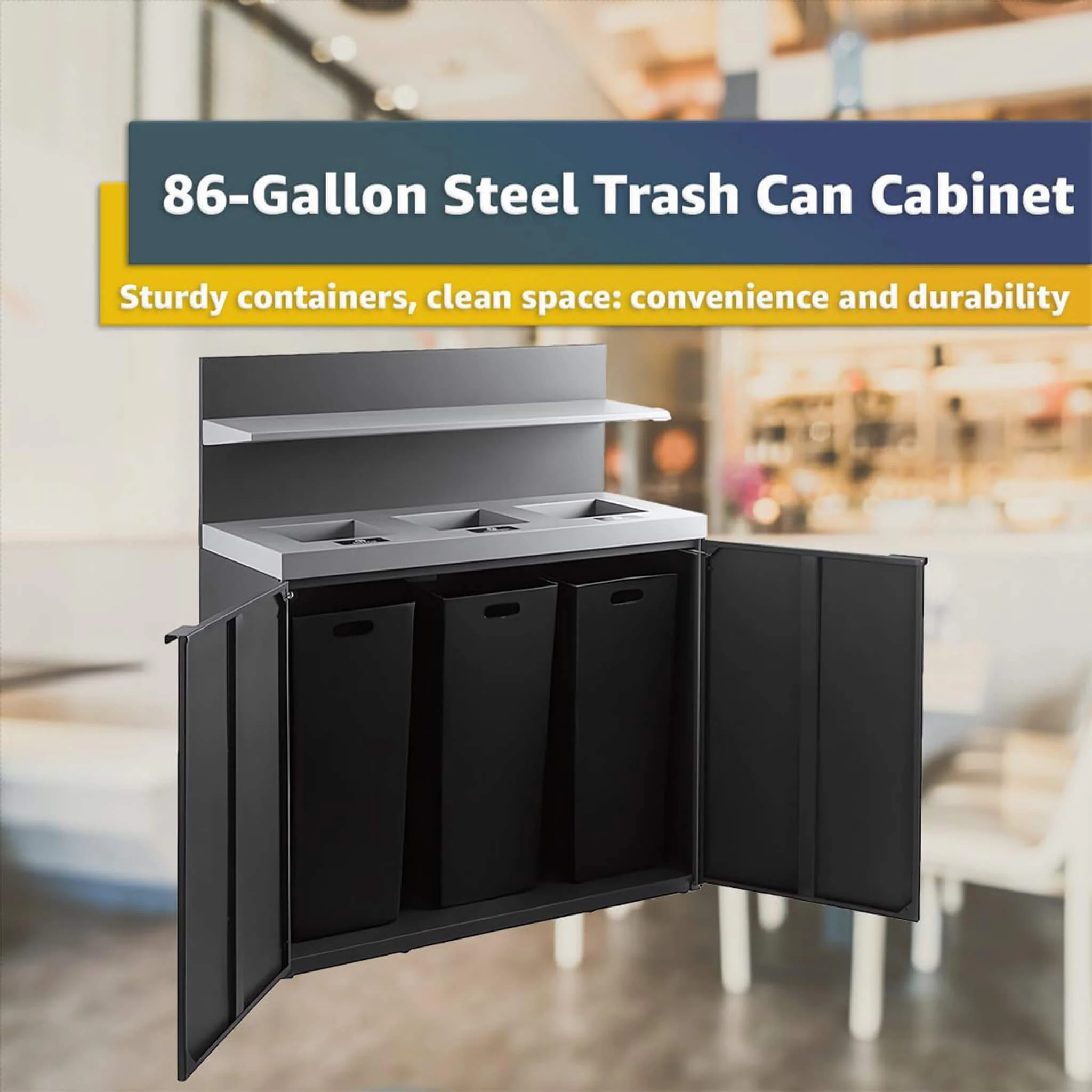 86-Gallon Heavy-Duty Commercial Steel Three-Stream Trash Can Cabinet With Tray Holder (SAK31860) - Image 4