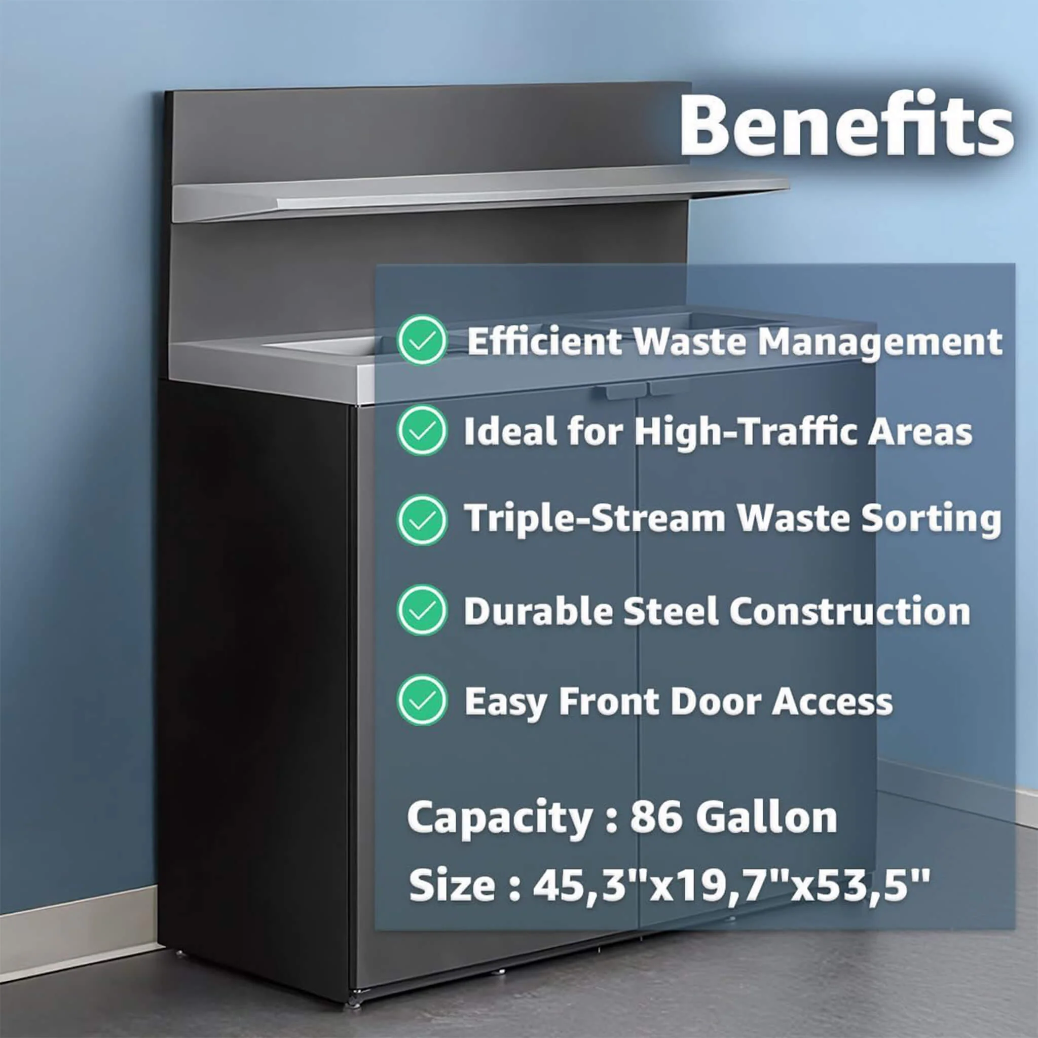 86-Gallon Heavy-Duty Commercial Steel Three-Stream Trash Can Cabinet With Tray Holder (SAK31860) - Image 5