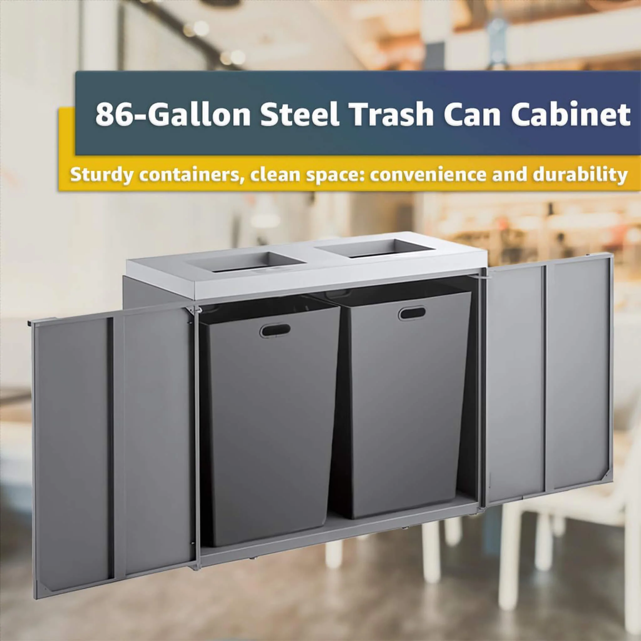 86-Gallon Heavy-Duty Commercial Steel Two-Stream Trash Can Cabinet (SAK74623) - Image 3
