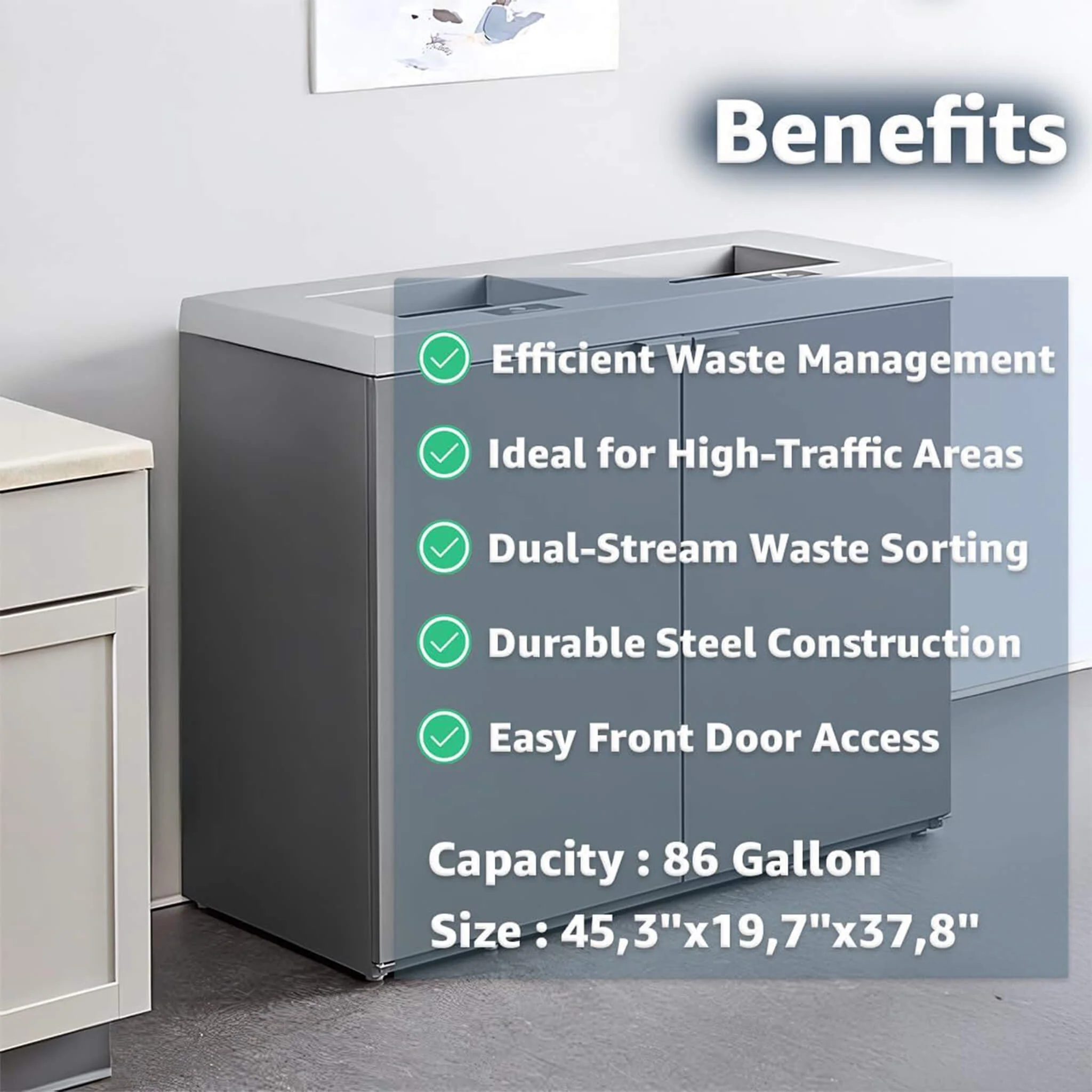 86-Gallon Heavy-Duty Commercial Steel Two-Stream Trash Can Cabinet (SAK74623) - Image 5