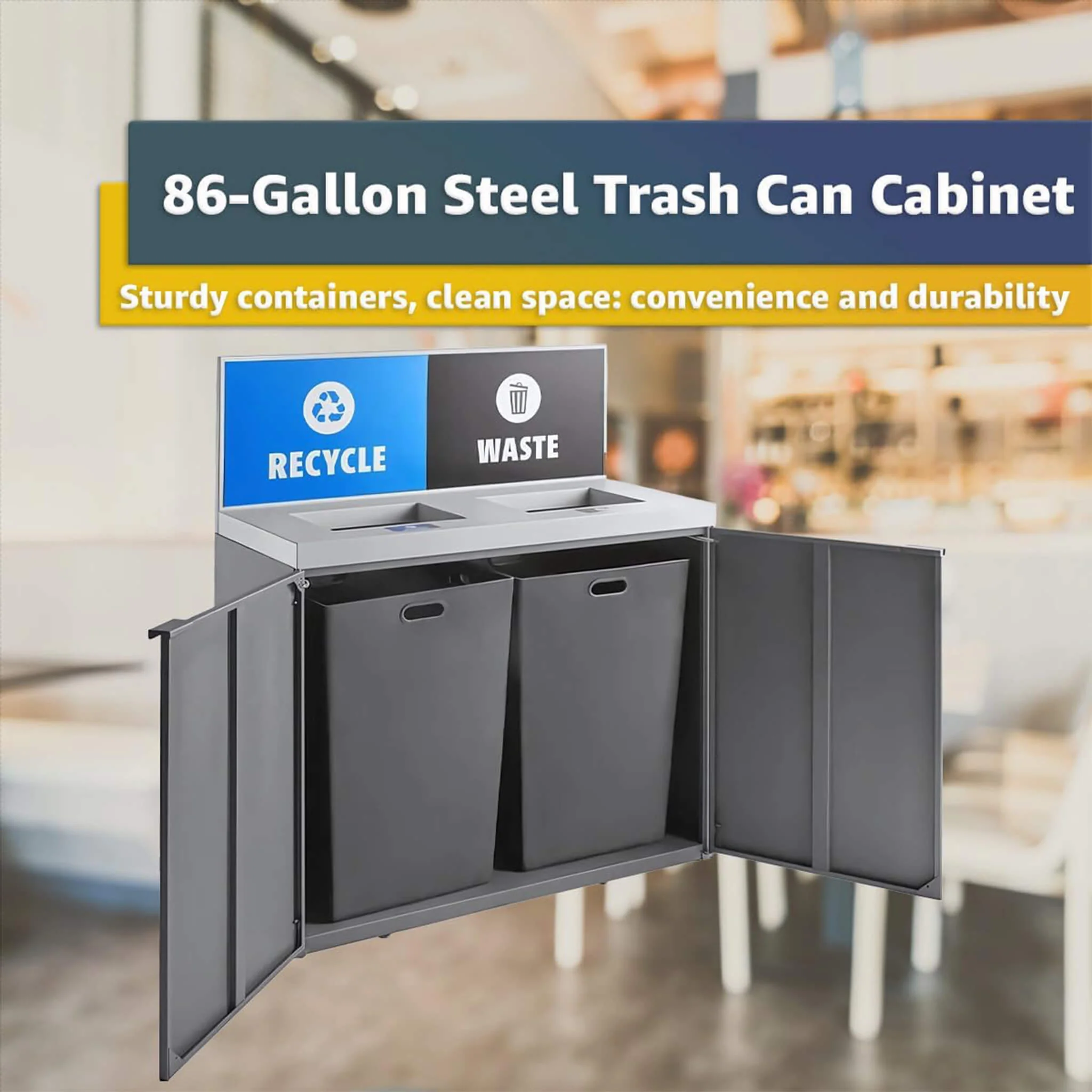 86-Gallon Heavy-Duty Commercial Steel Two-Stream Trash Can Cabinet With Panel (SAK73108) - Image 4