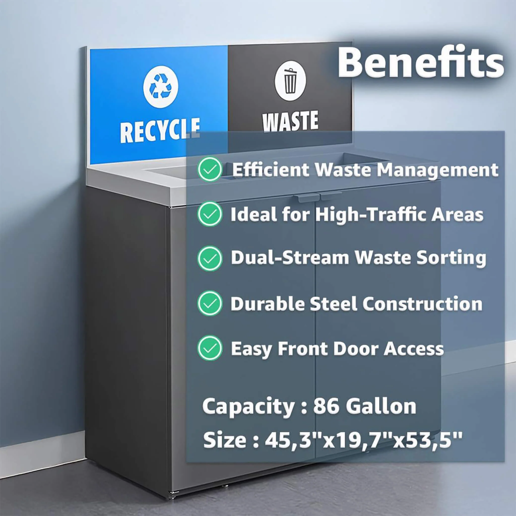 86-Gallon Heavy-Duty Commercial Steel Two-Stream Trash Can Cabinet With Panel (SAK73108) - Image 5