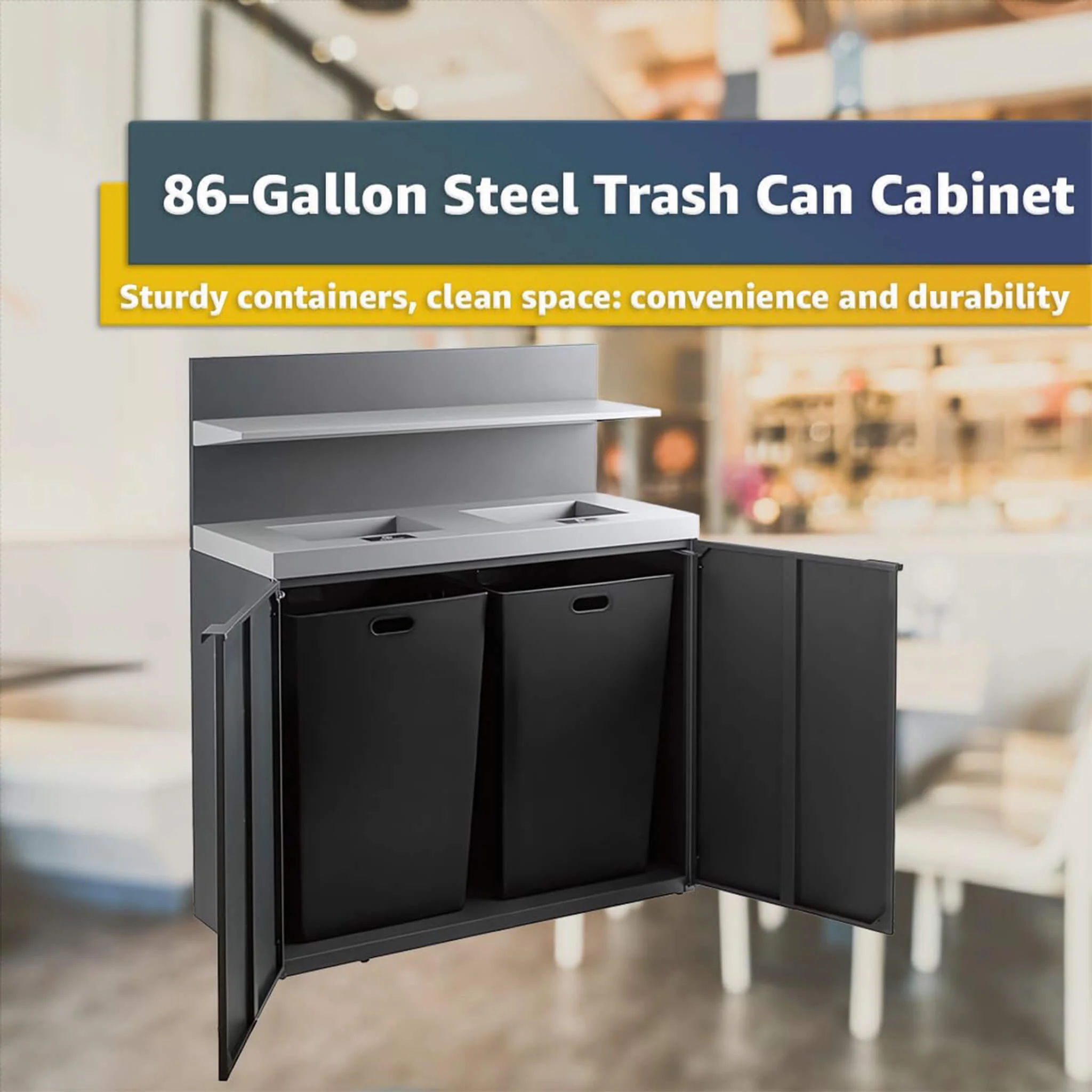 86-Gallon Heavy-Duty Commercial Steel Two-Stream Trash Can Cabinet With Tray Holder (SAK45079) - Image 4