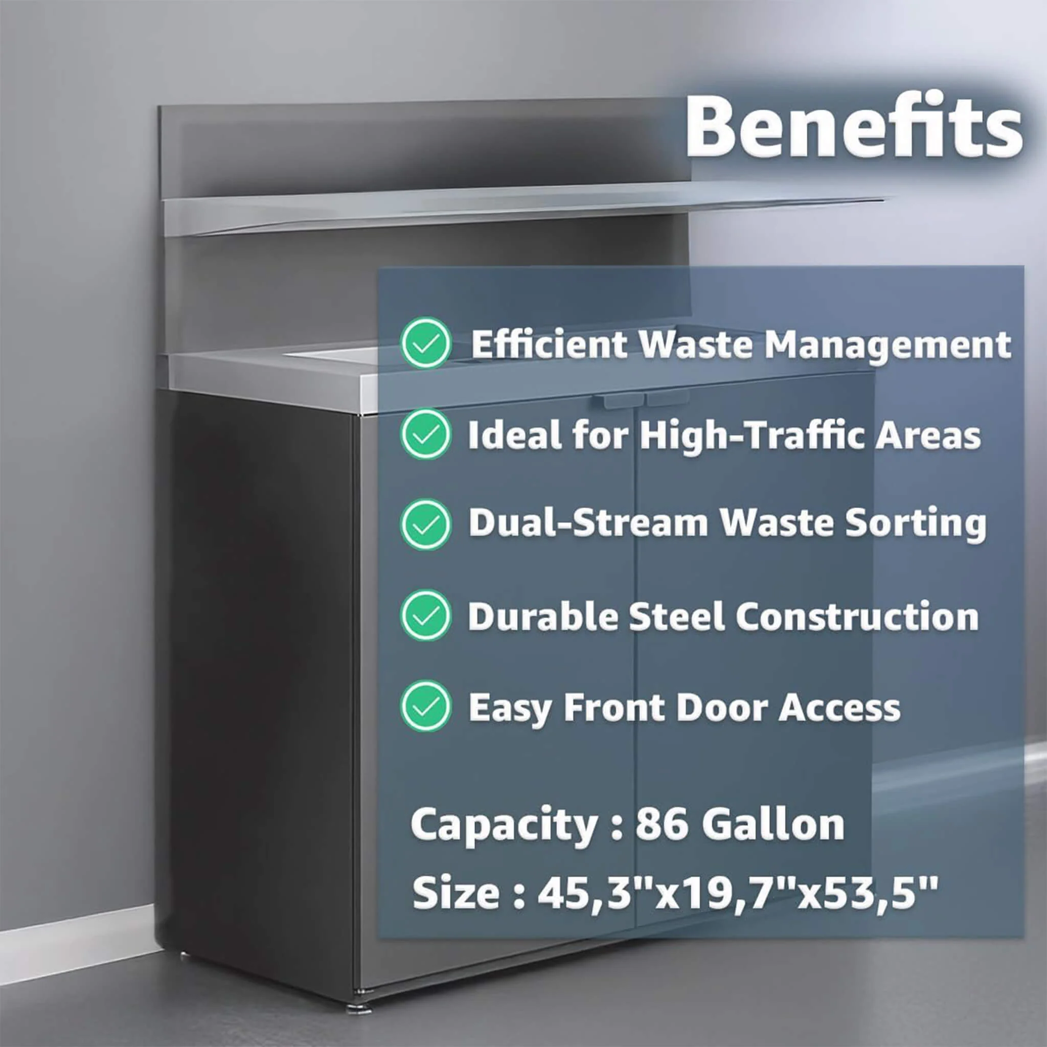 86-Gallon Heavy-Duty Commercial Steel Two-Stream Trash Can Cabinet With Tray Holder (SAK45079) - Image 5