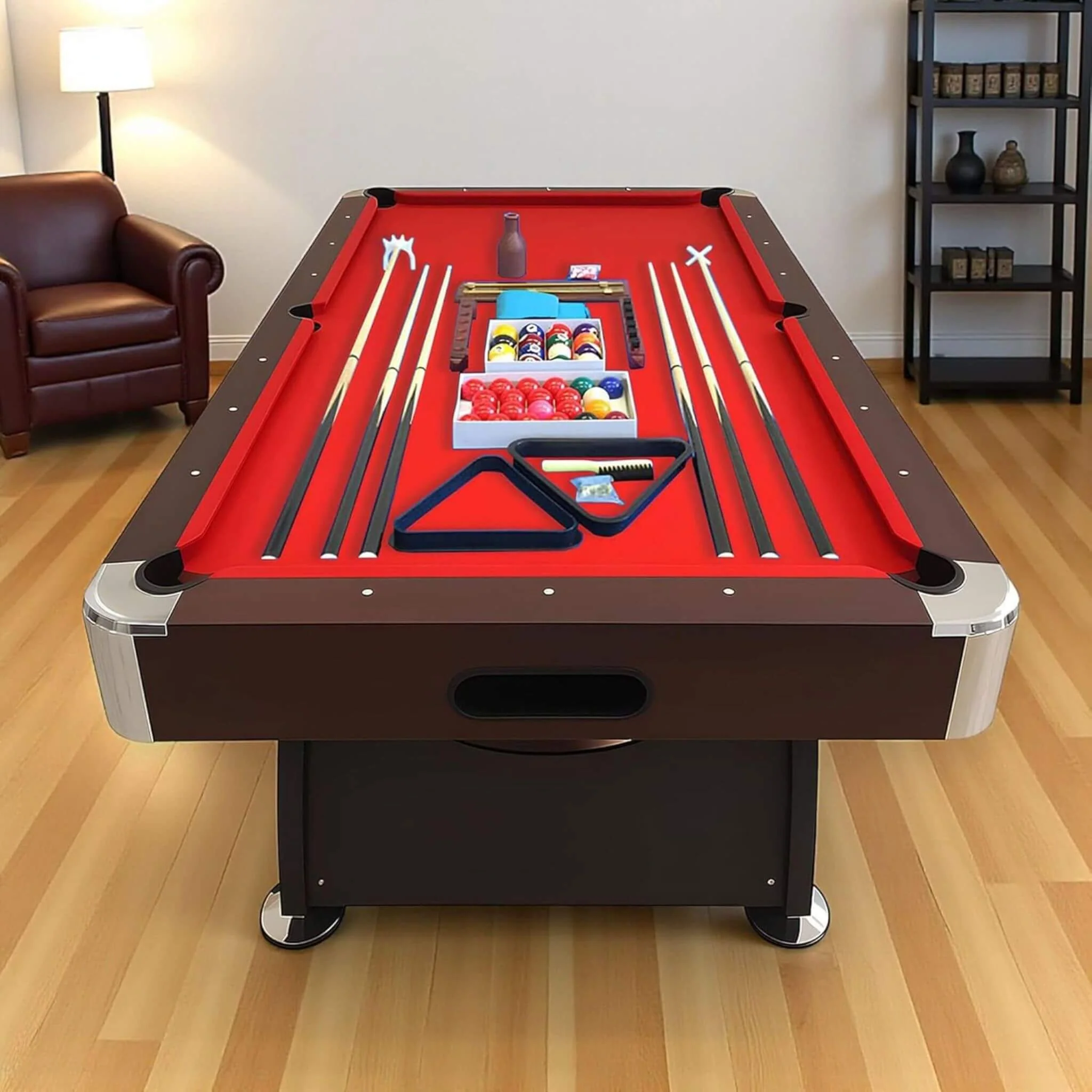 8FT Modern Red Felt Billiard Pool Table With Automatic Ball Return And Accessories Kit (SAK76139) - Image 3