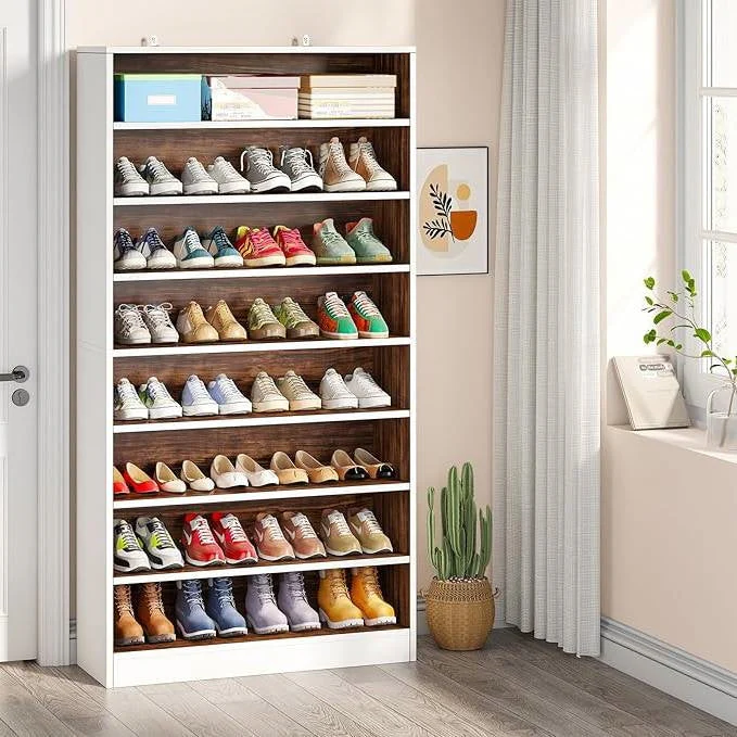 9 Tier White/Brown Wood Shoe Storage Cabinet, Holds Up To 45 Pairs - Image 2