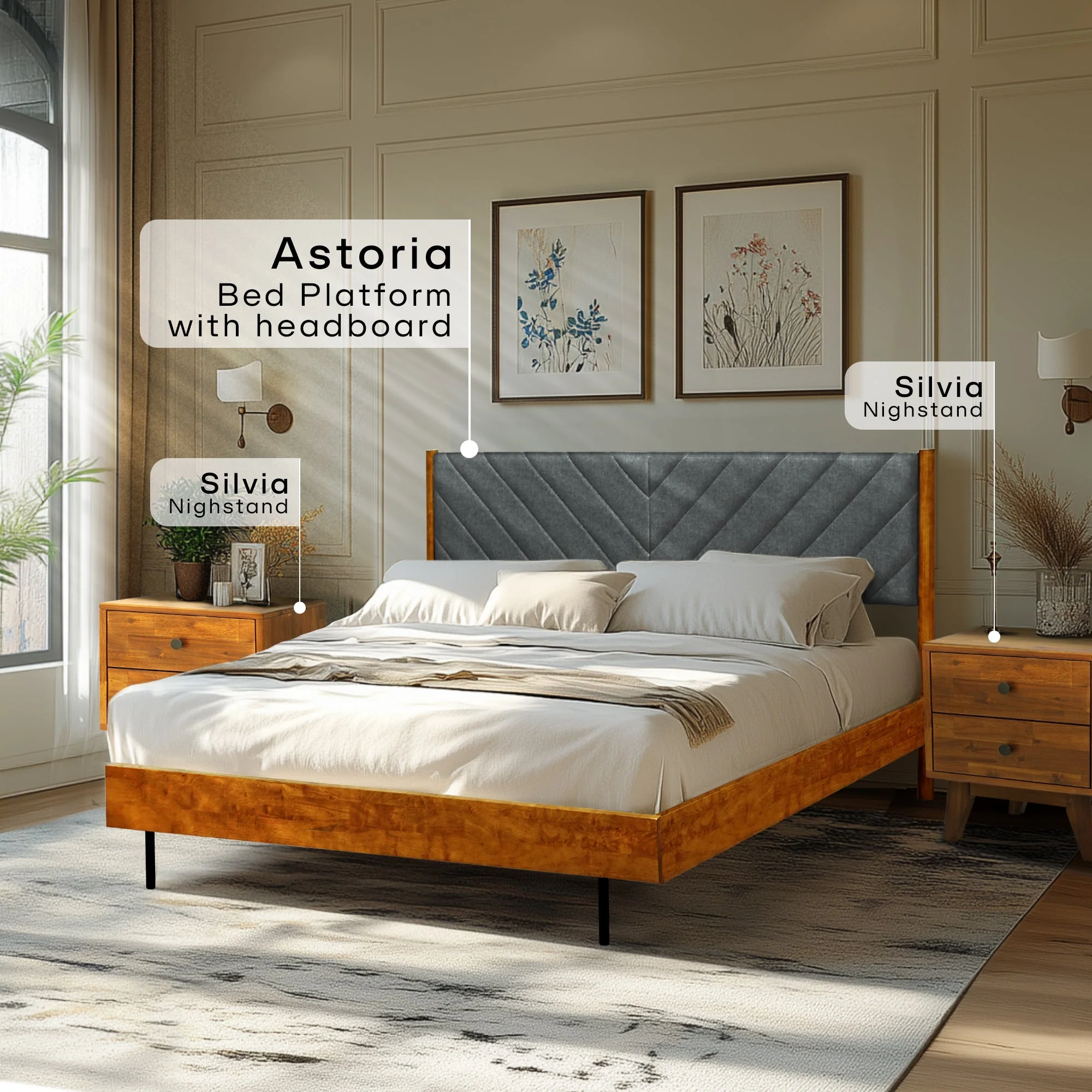 Acacia Astoria Upholstered Solid Wood Bed Frame for Elegant Bedrooms - Image 2