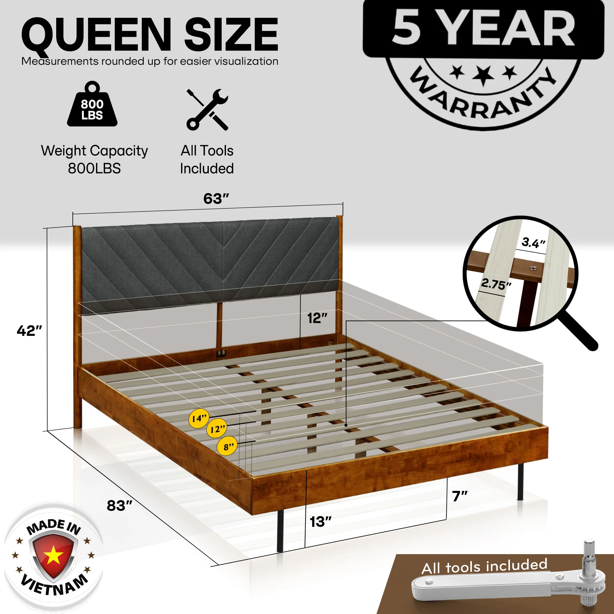 Acacia Astoria Upholstered Solid Wood Bed Frame for Elegant Bedrooms - Image 4