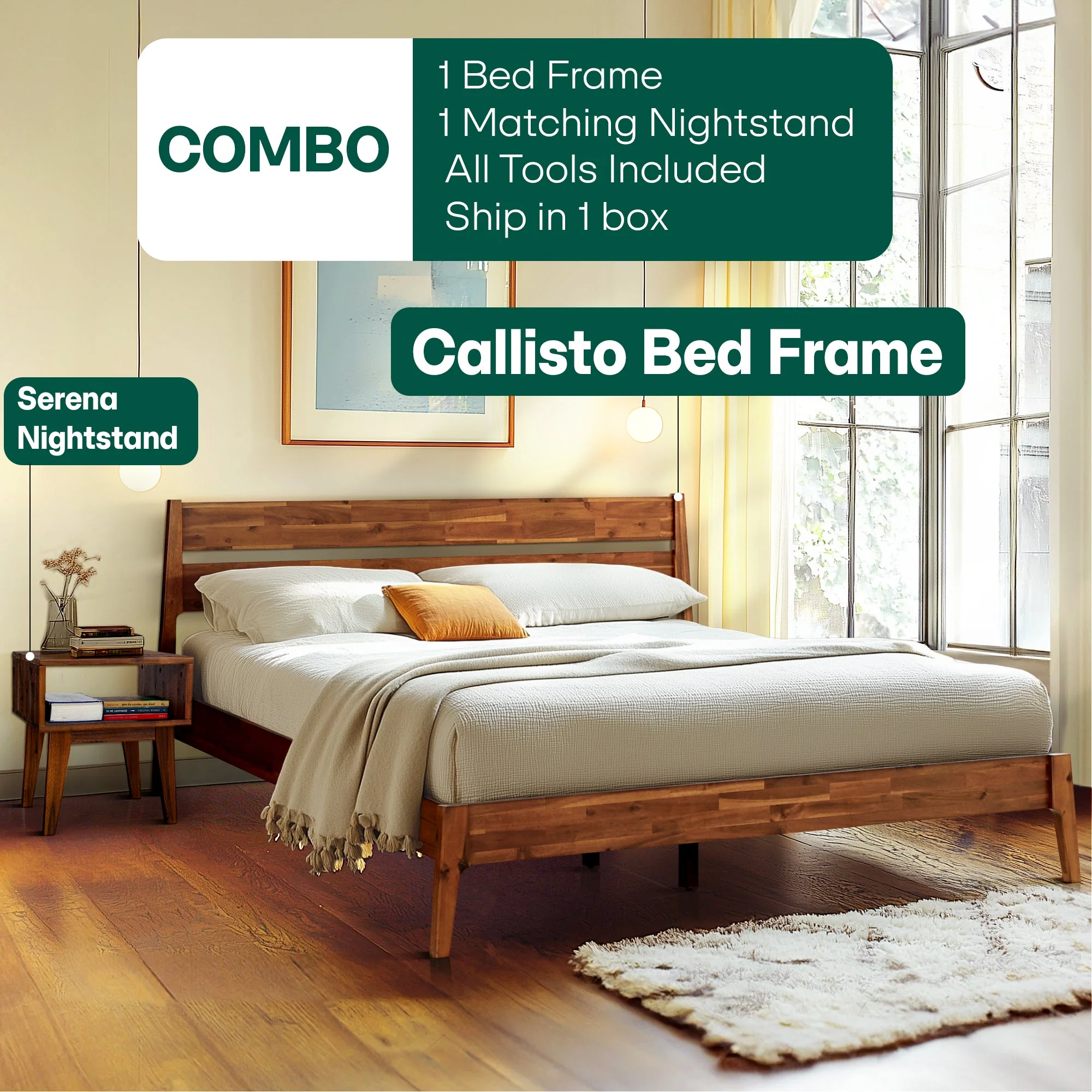 Acacia Callisto Solid Wood Bed Frame and Nightstand Set for a Stylish Bedroom - Image 16