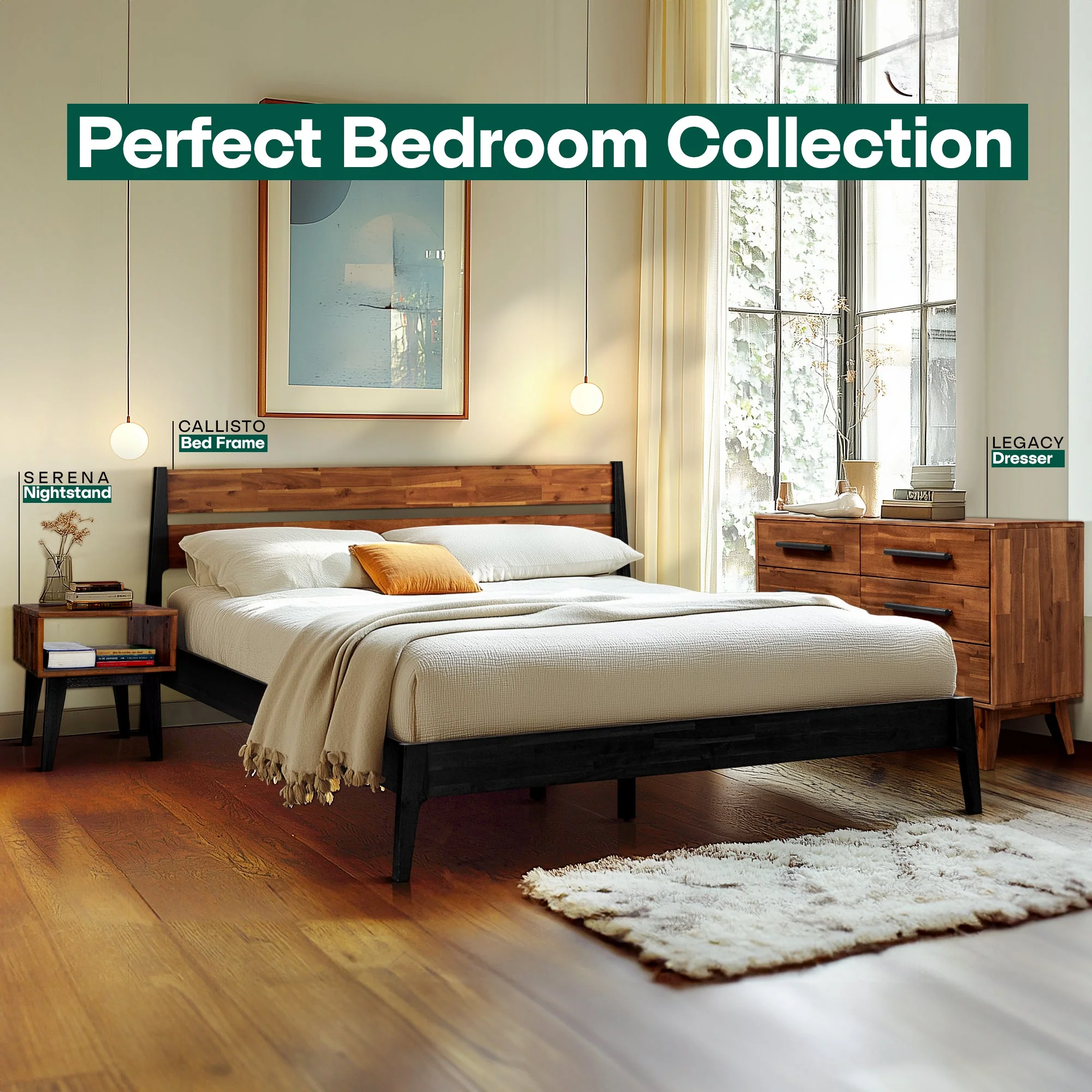 Acacia Callisto Solid Wood Bed Frame and Nightstand Set for a Stylish Bedroom - Image 2