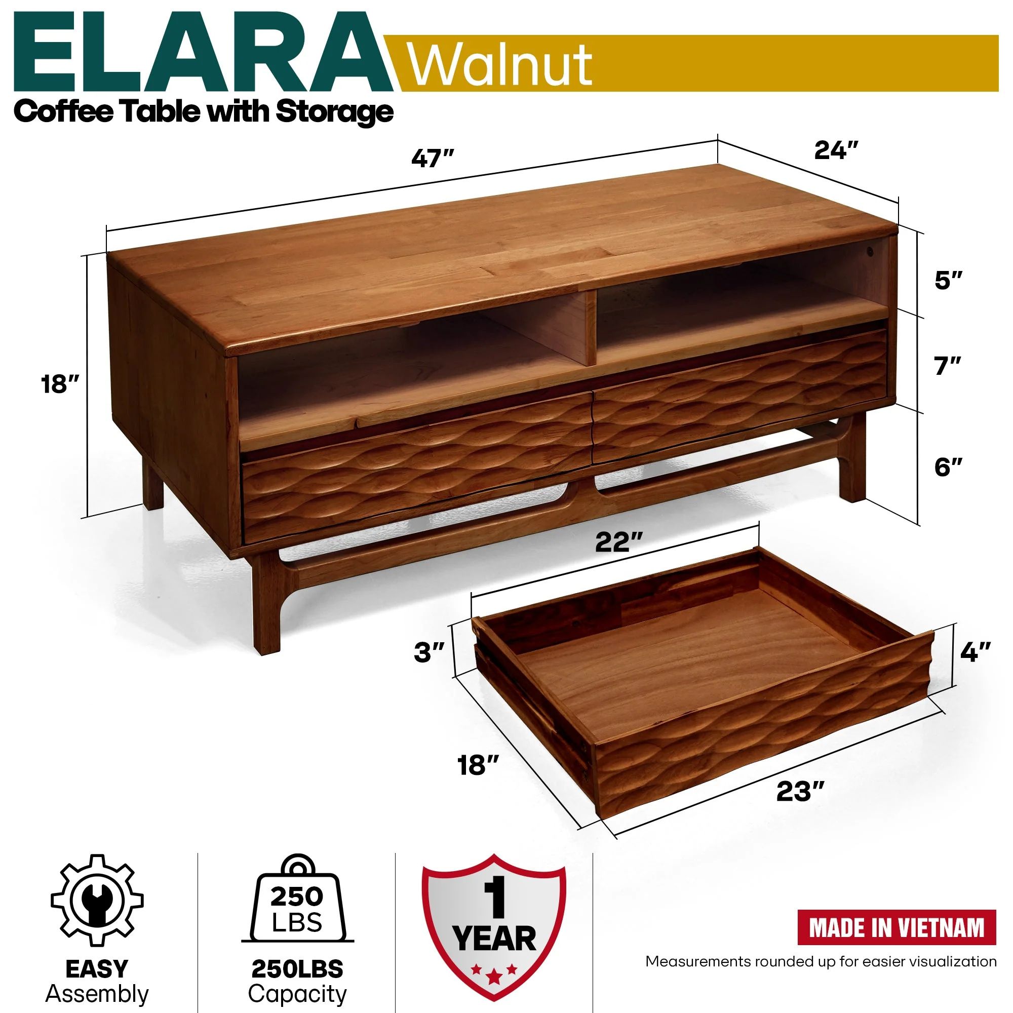 Acacia Elara 47.2” Rectangular Coffee Table with Drawers & Open Storage - Image 12