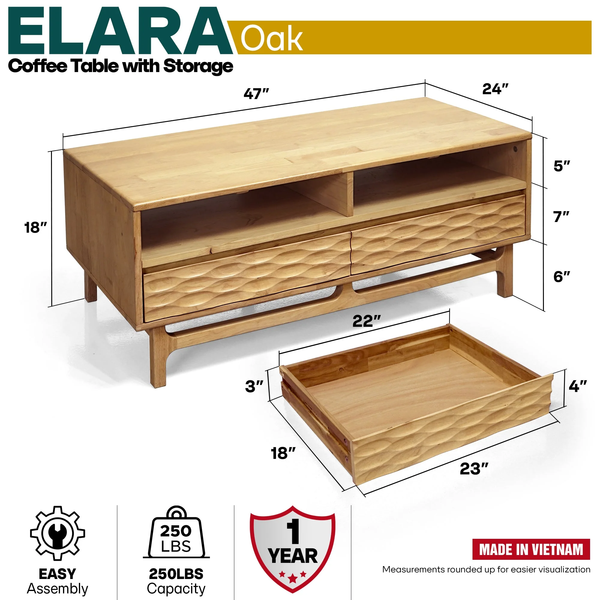 Acacia Elara 47.2” Rectangular Coffee Table with Drawers & Open Storage - Image 21