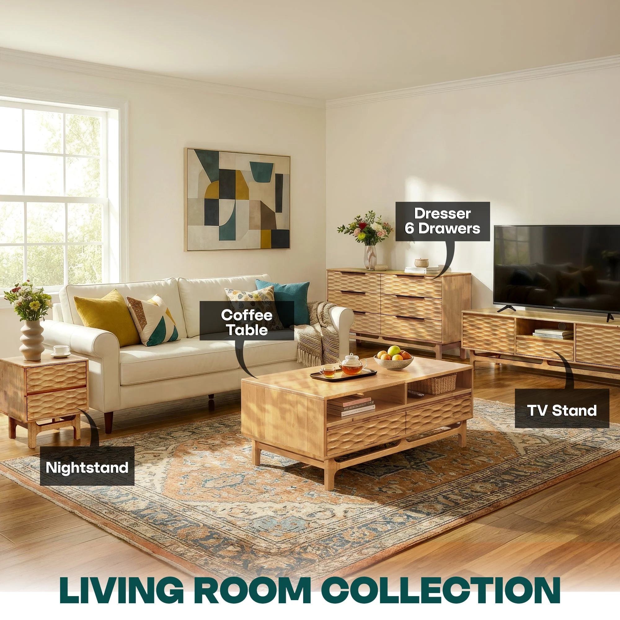 Acacia Elara 47.2” Rectangular Coffee Table with Drawers & Open Storage - Image 26