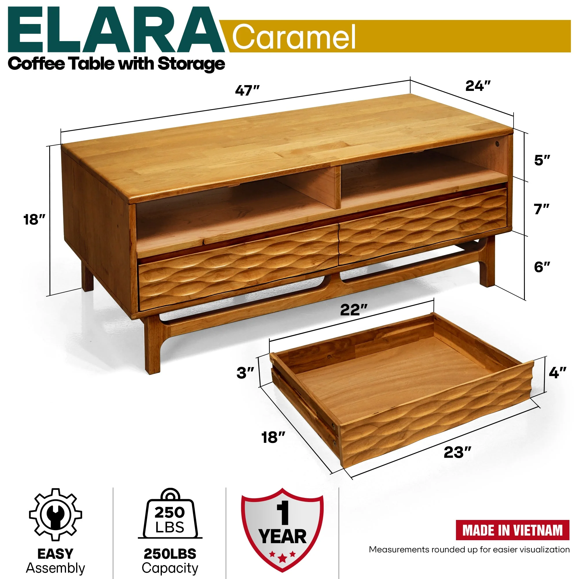 Acacia Elara 47.2” Rectangular Coffee Table with Drawers & Open Storage - Image 3