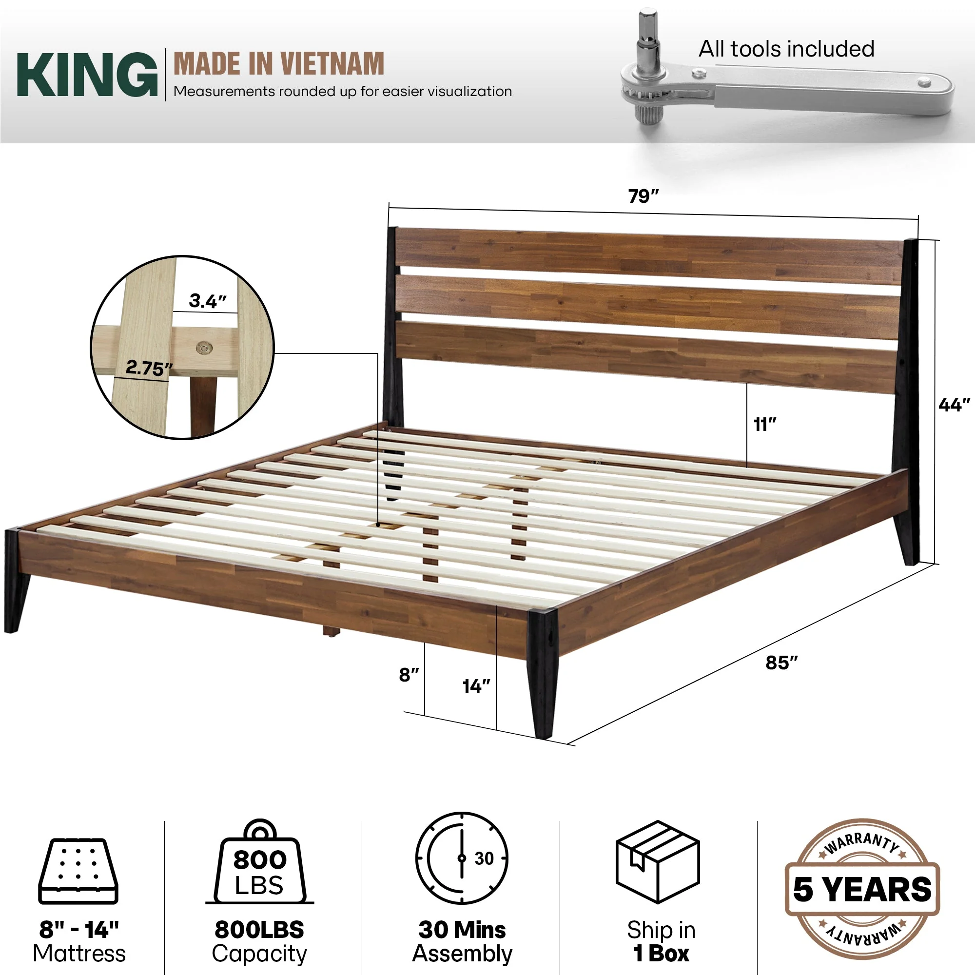 Acacia Emery Solid Wood Bed Frame - Stylish and Durable Acacia Wood Design for Your Bedroom - Image 16