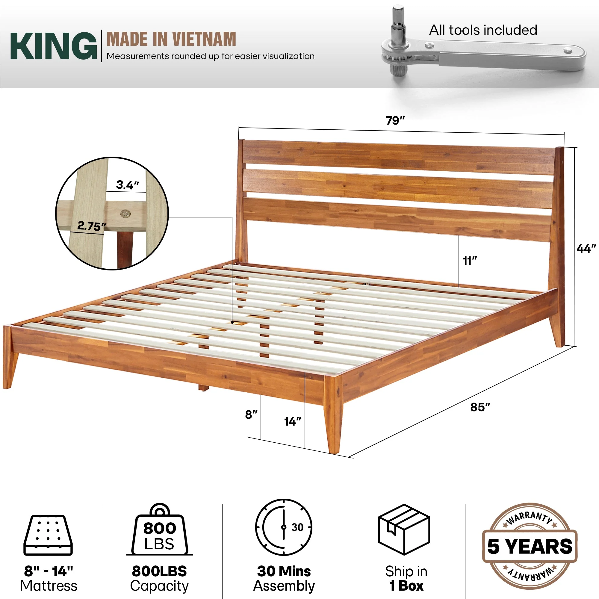 Acacia Emery Solid Wood Bed Frame - Stylish and Durable Acacia Wood Design for Your Bedroom - Image 29