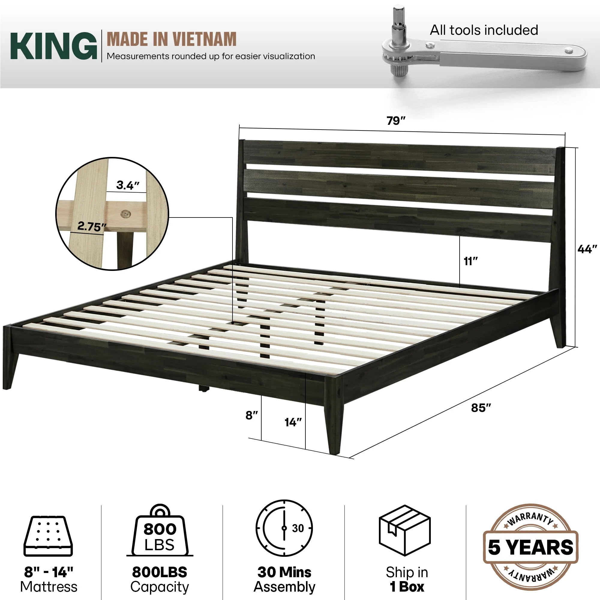 Acacia Emery Solid Wood Bed Frame - Stylish and Durable Acacia Wood Design for Your Bedroom - Image 3