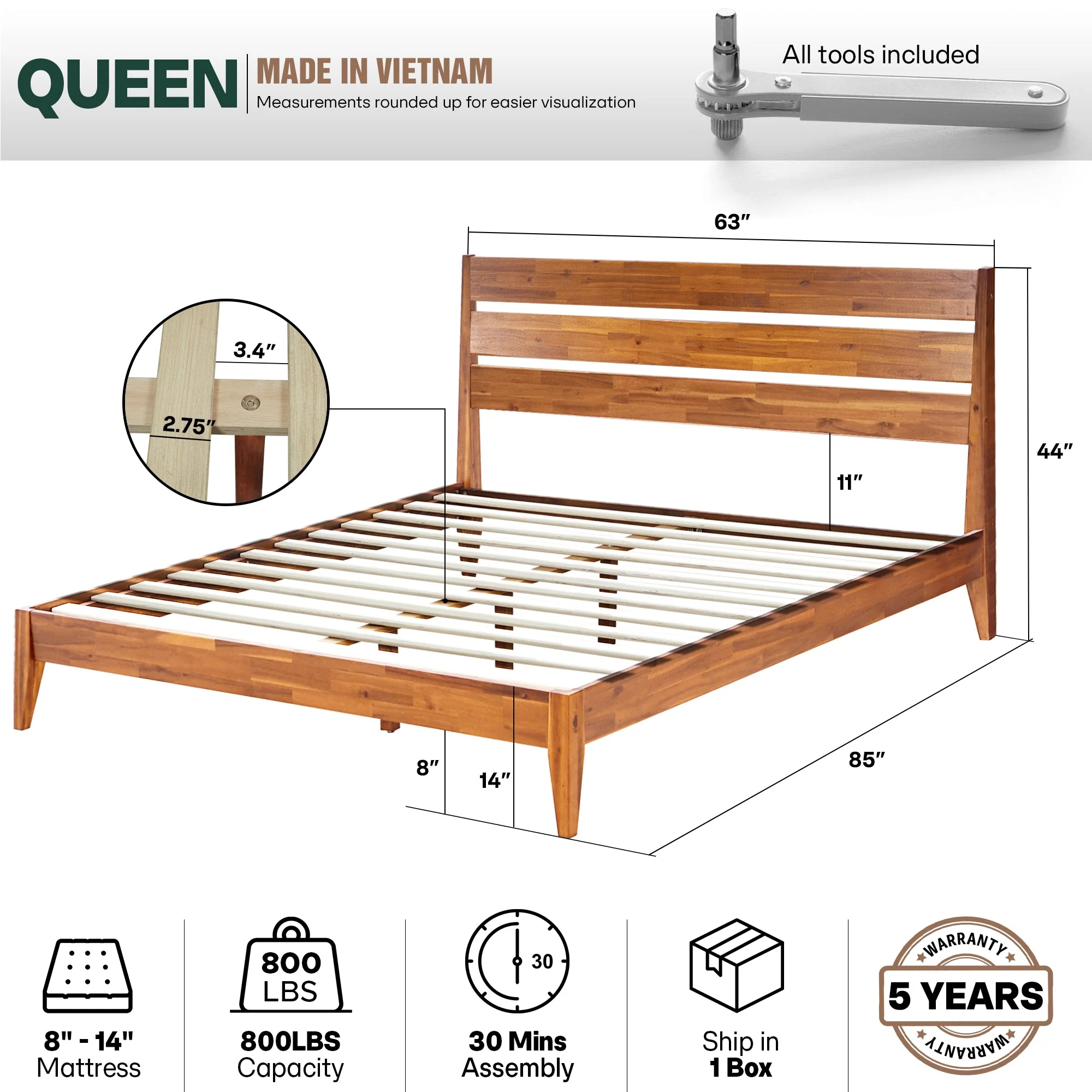 Acacia Emery Solid Wood Bed Frame - Stylish and Durable Acacia Wood Design for Your Bedroom - Image 30