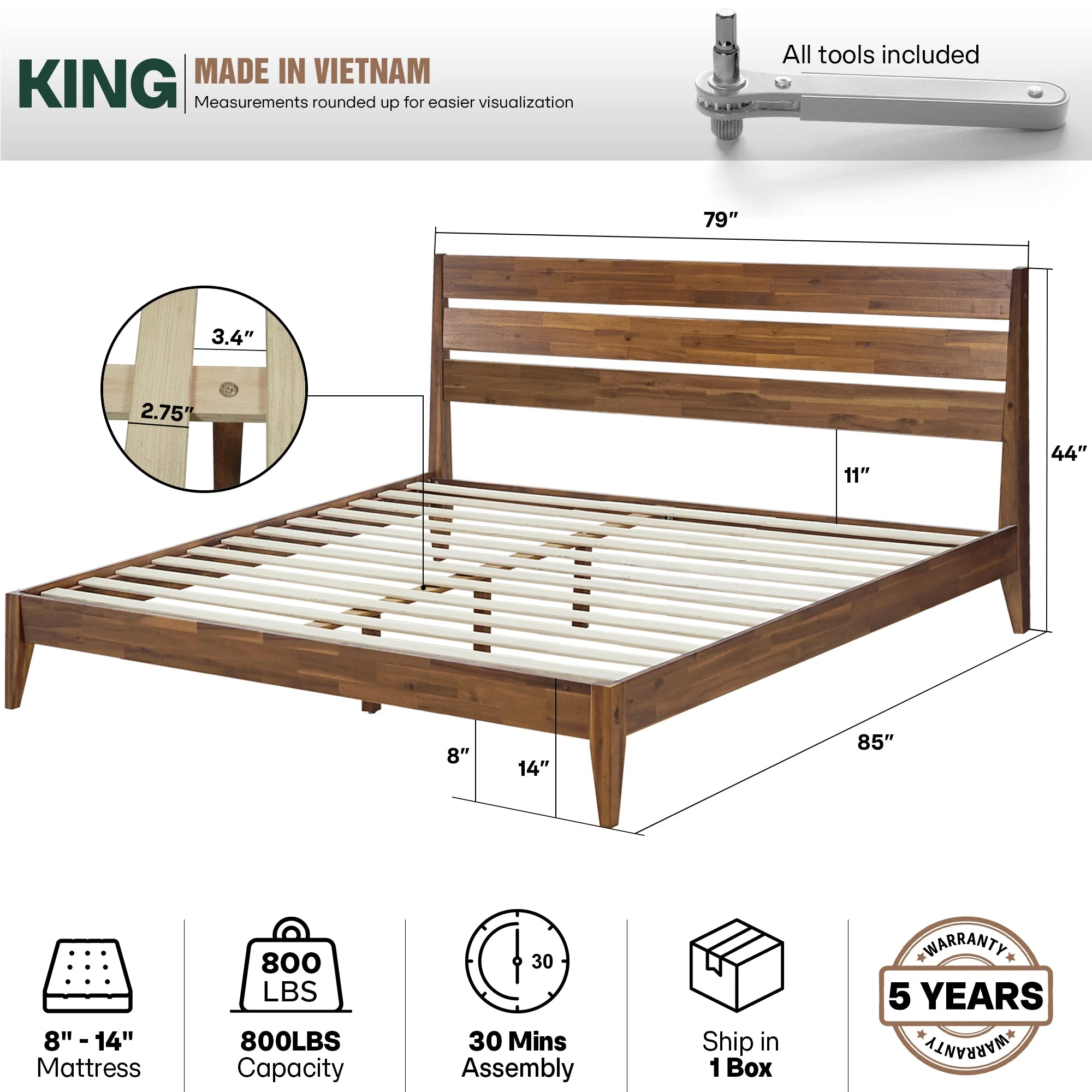 Acacia Emery Solid Wood Bed Frame - Stylish and Durable Acacia Wood Design for Your Bedroom - Image 55