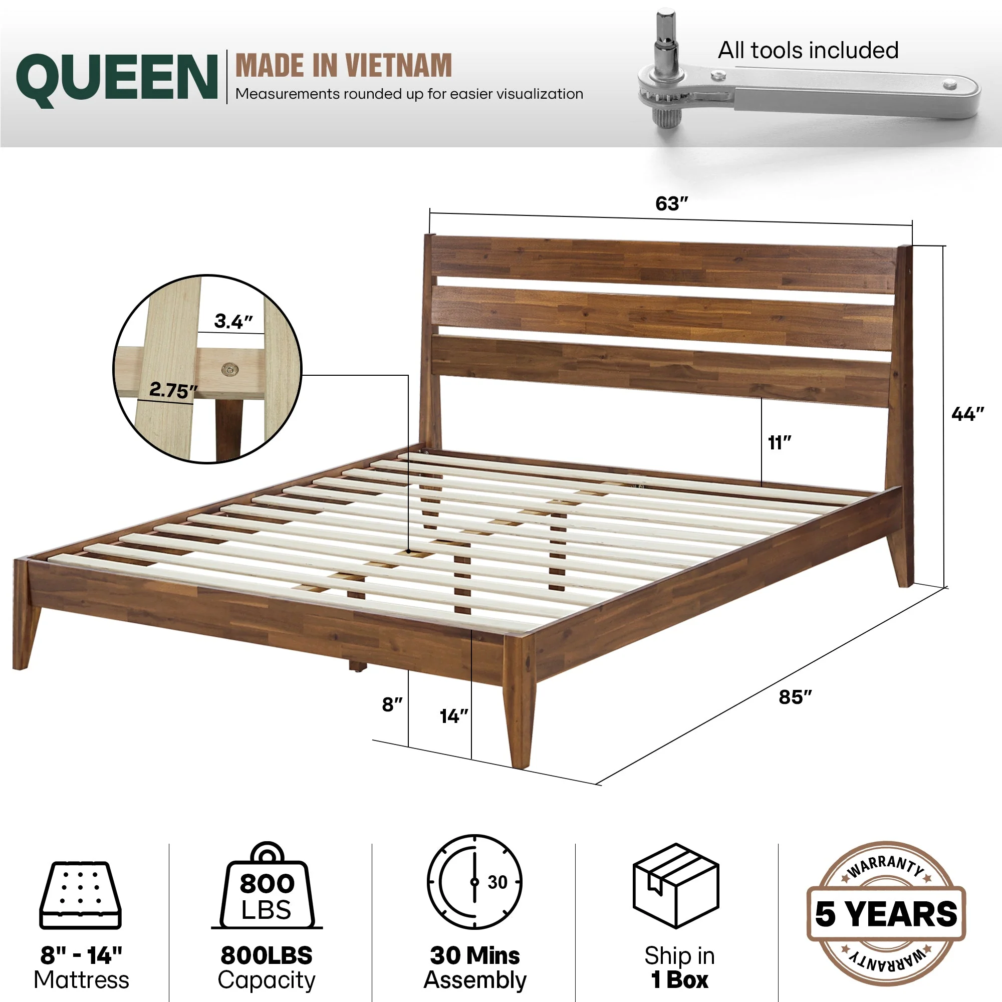 Acacia Emery Solid Wood Bed Frame - Stylish and Durable Acacia Wood Design for Your Bedroom - Image 56