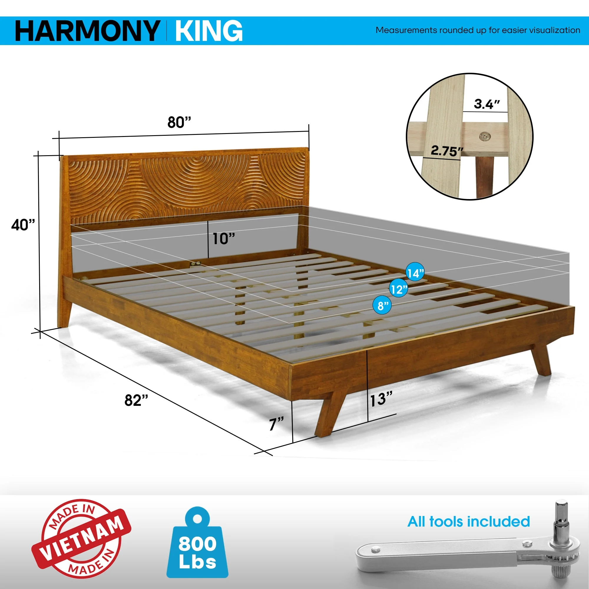 Acacia Harmony Solid Wood Platform Bed Frame with Headboard - Image 13
