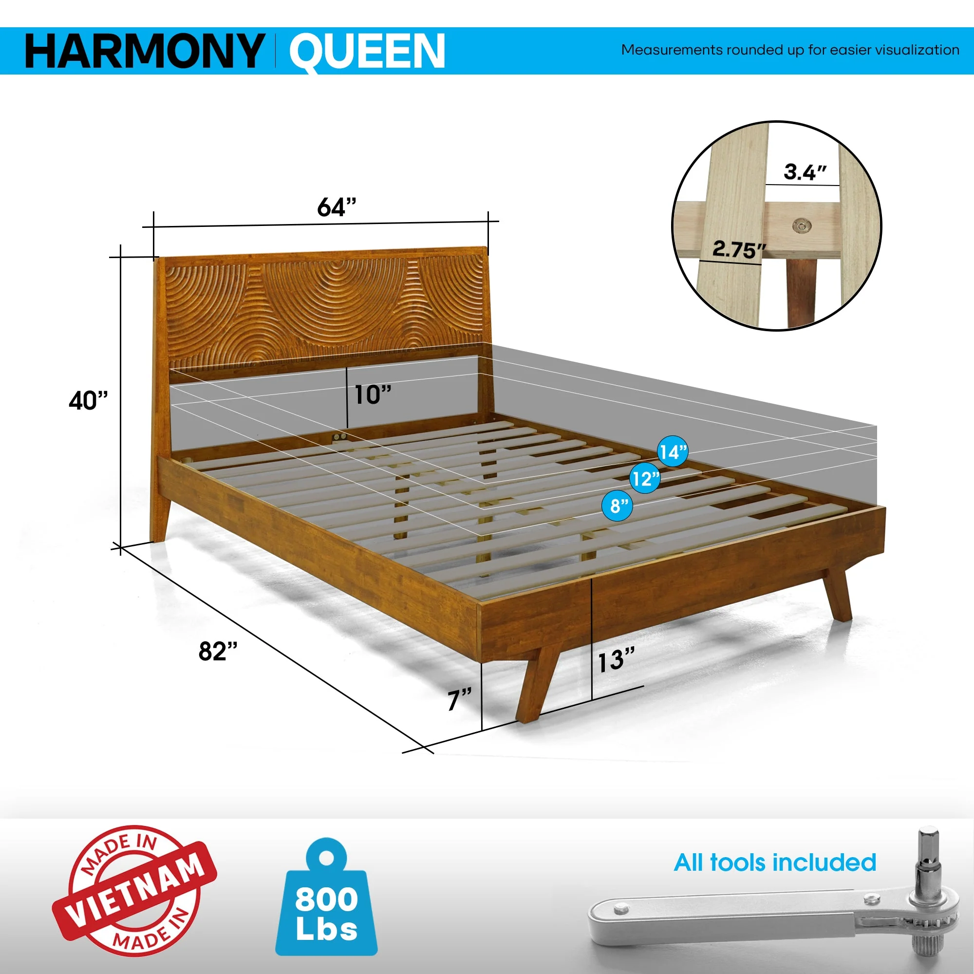Acacia Harmony Solid Wood Platform Bed Frame with Headboard - Image 14