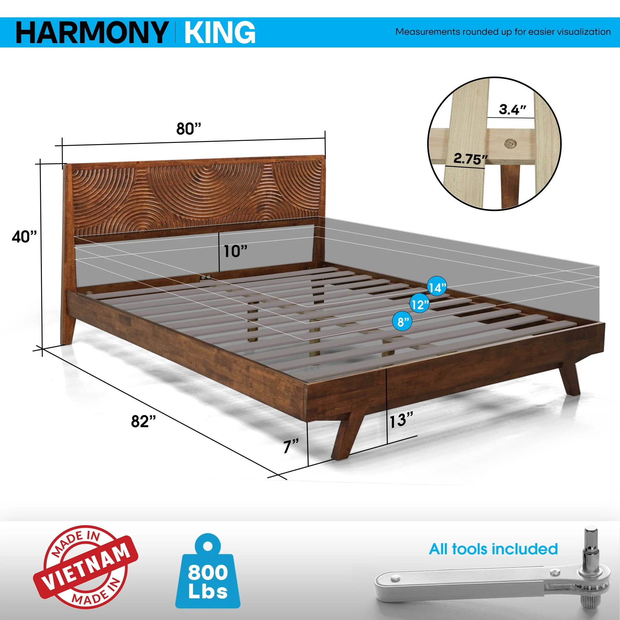 Acacia Harmony Solid Wood Platform Bed Frame with Headboard - Image 23
