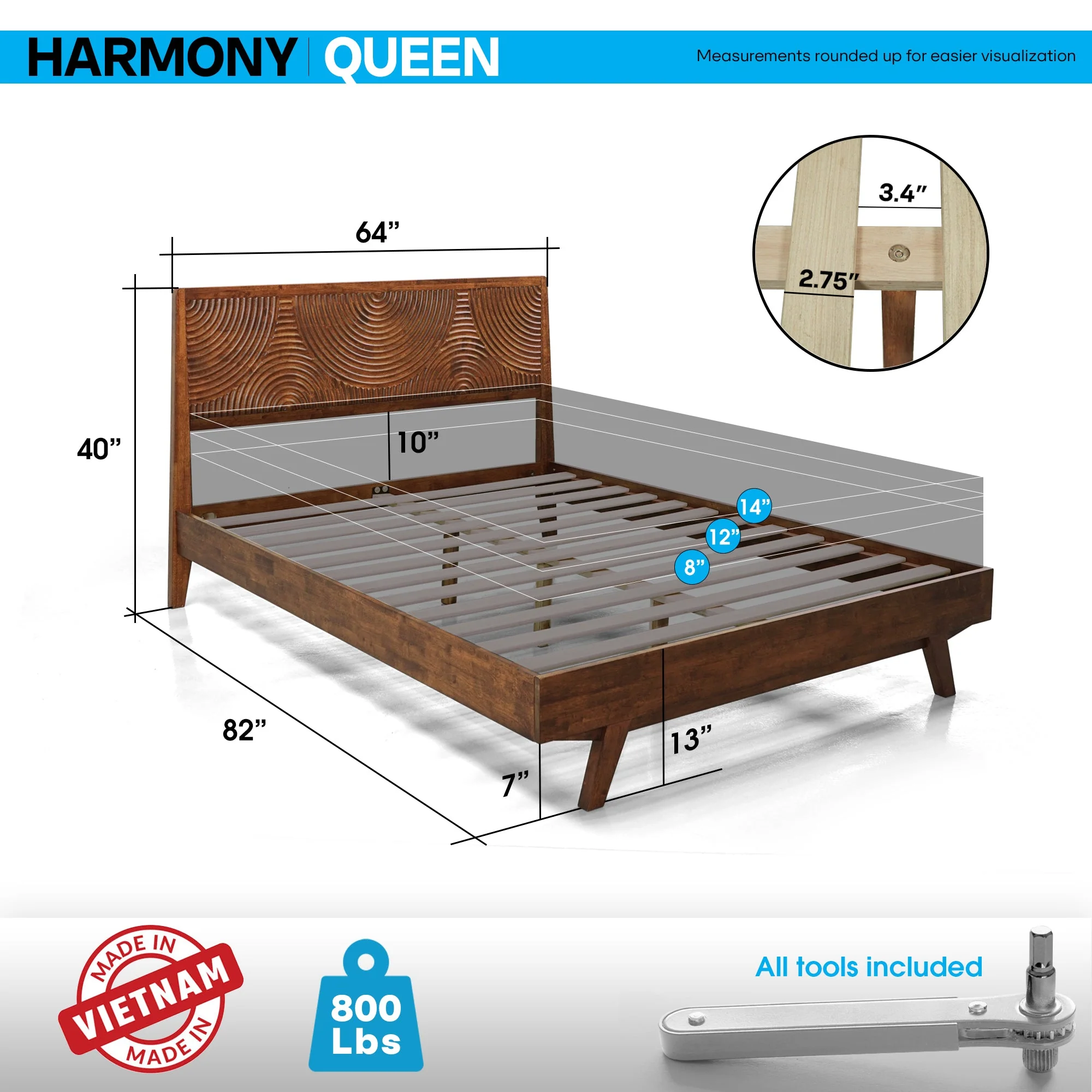 Acacia Harmony Solid Wood Platform Bed Frame with Headboard - Image 24
