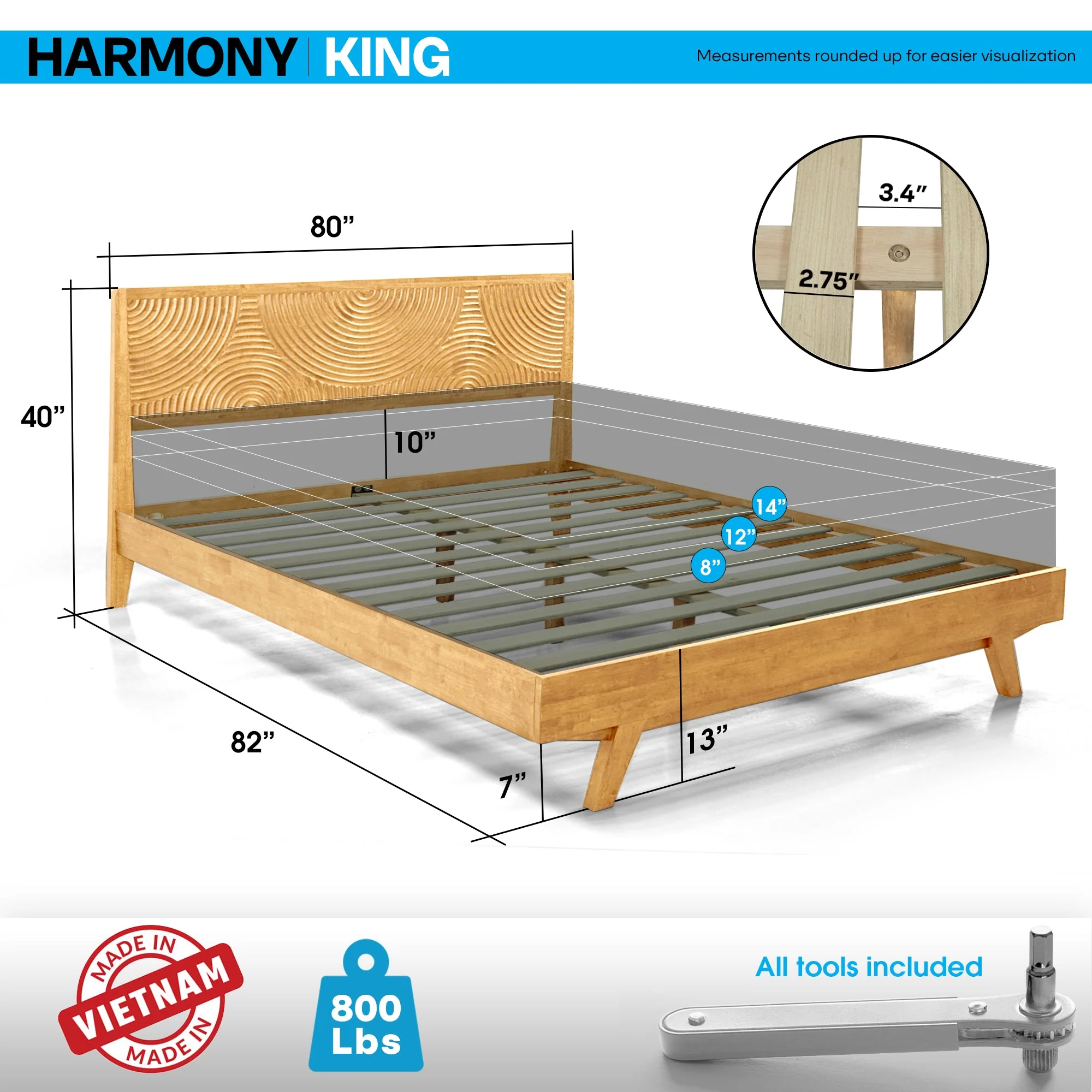 Acacia Harmony Solid Wood Platform Bed Frame with Headboard - Image 3