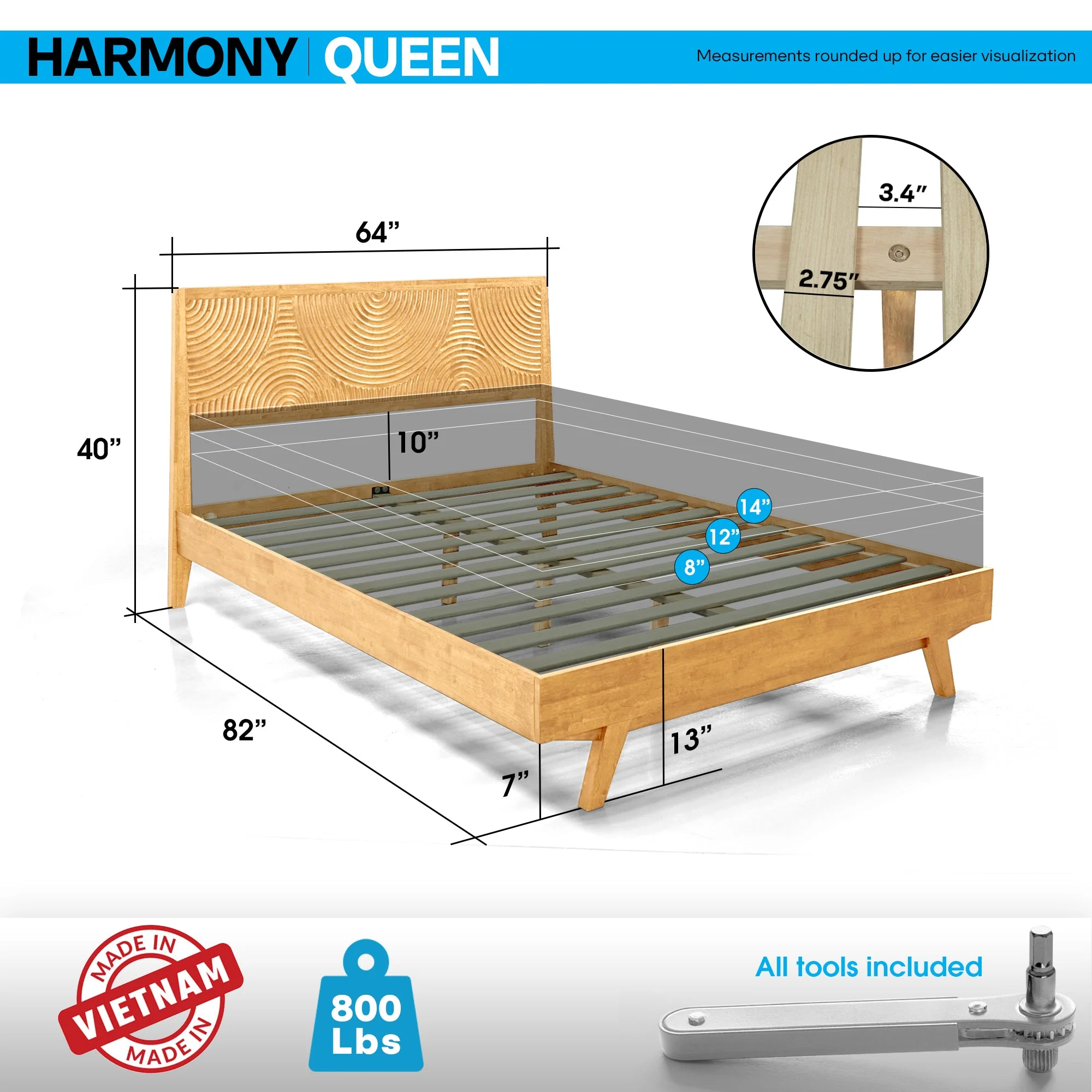 Acacia Harmony Solid Wood Platform Bed Frame with Headboard - Image 4