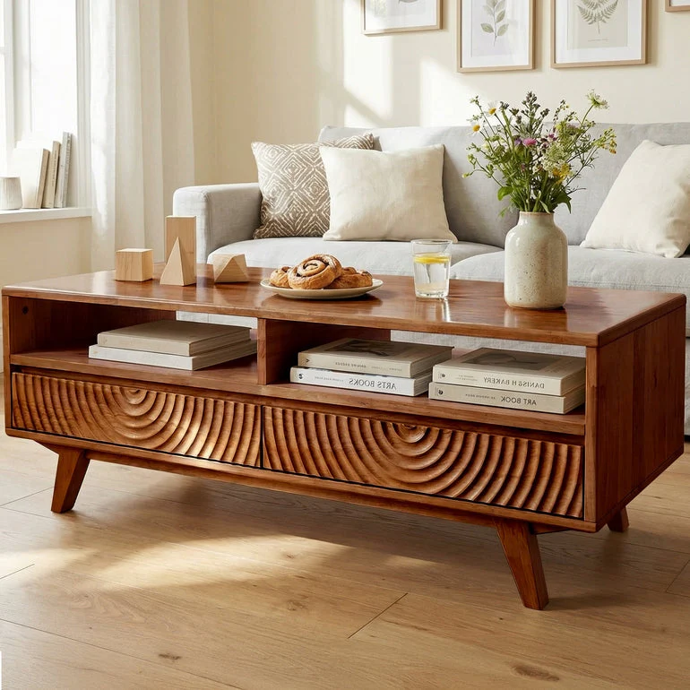 Acacia Harmony Wooden Coffee Table with Drawers & Open Storage - Image 10