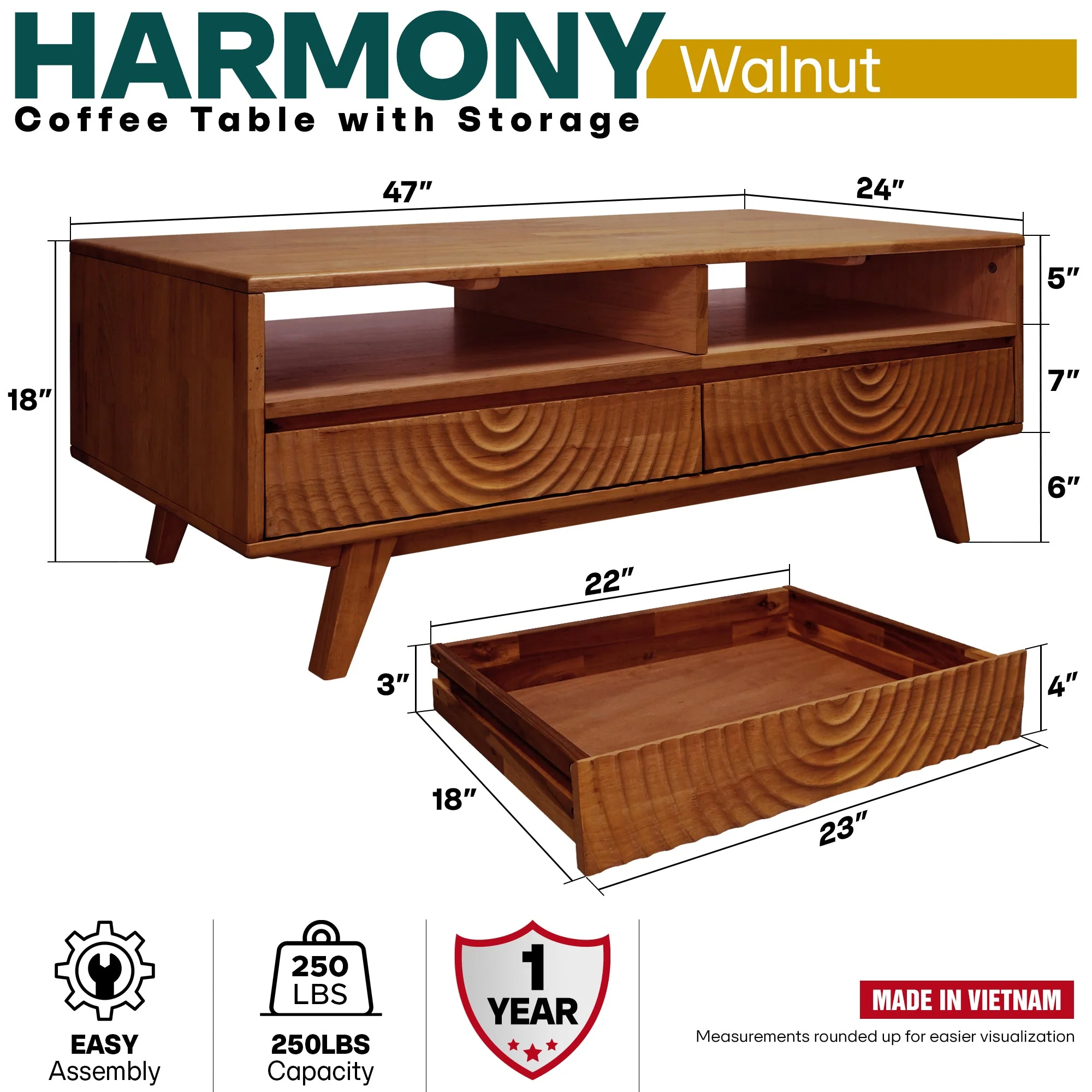Acacia Harmony Wooden Coffee Table with Drawers & Open Storage - Image 12