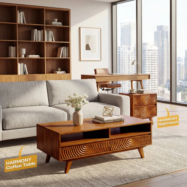 Acacia Harmony Wooden Coffee Table with Drawers & Open Storage - Image 16
