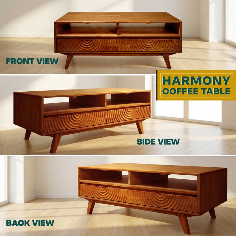 Acacia Harmony Wooden Coffee Table with Drawers & Open Storage - Image 18