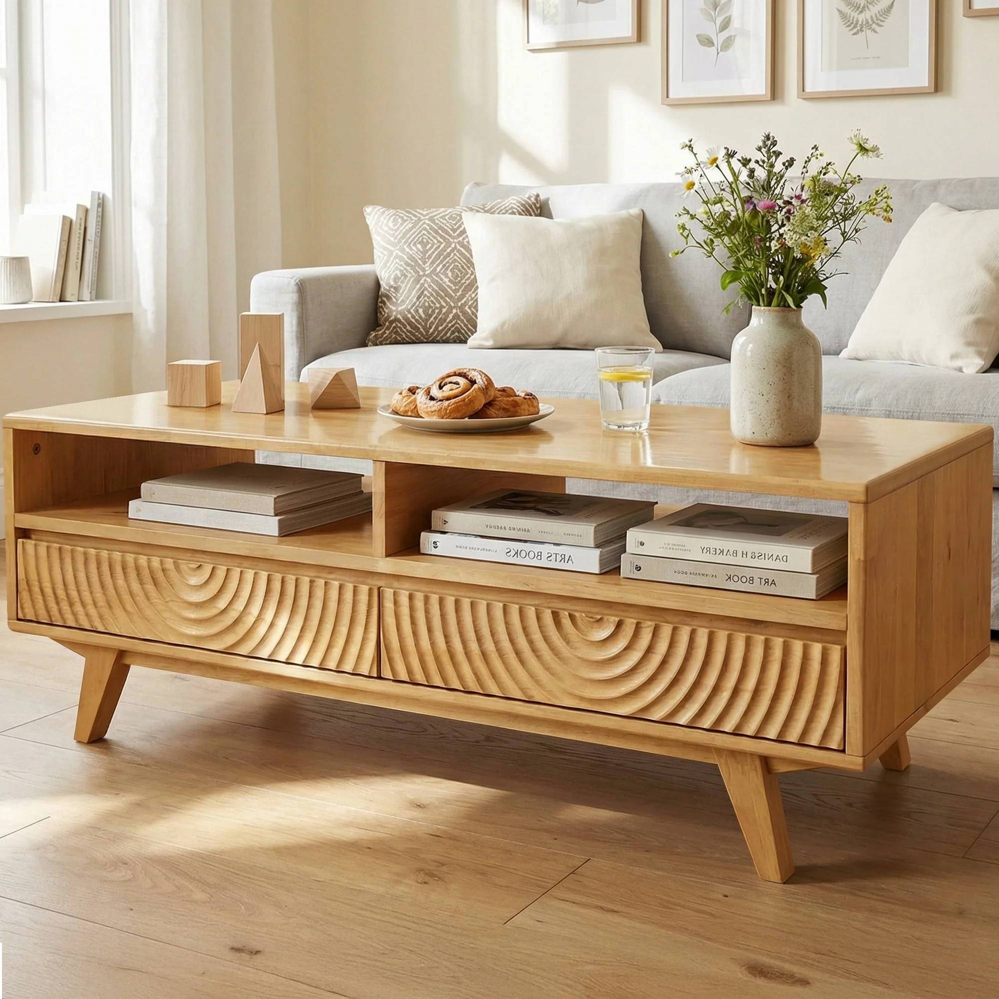Acacia Harmony Wooden Coffee Table with Drawers & Open Storage - Image 19