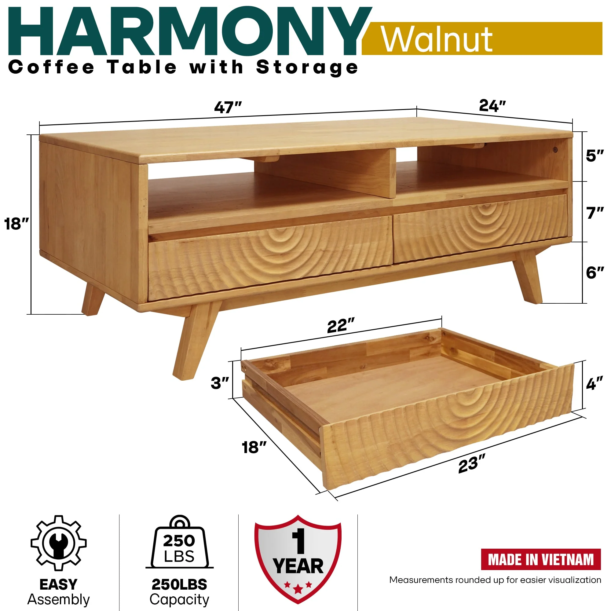 Acacia Harmony Wooden Coffee Table with Drawers & Open Storage - Image 21