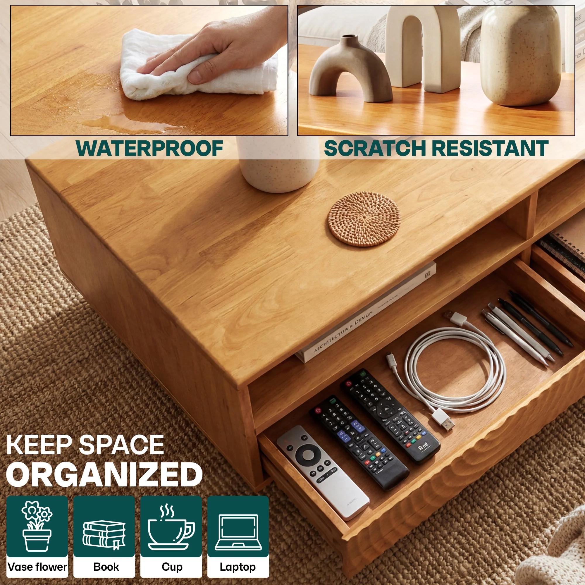 Acacia Harmony Wooden Coffee Table with Drawers & Open Storage - Image 23