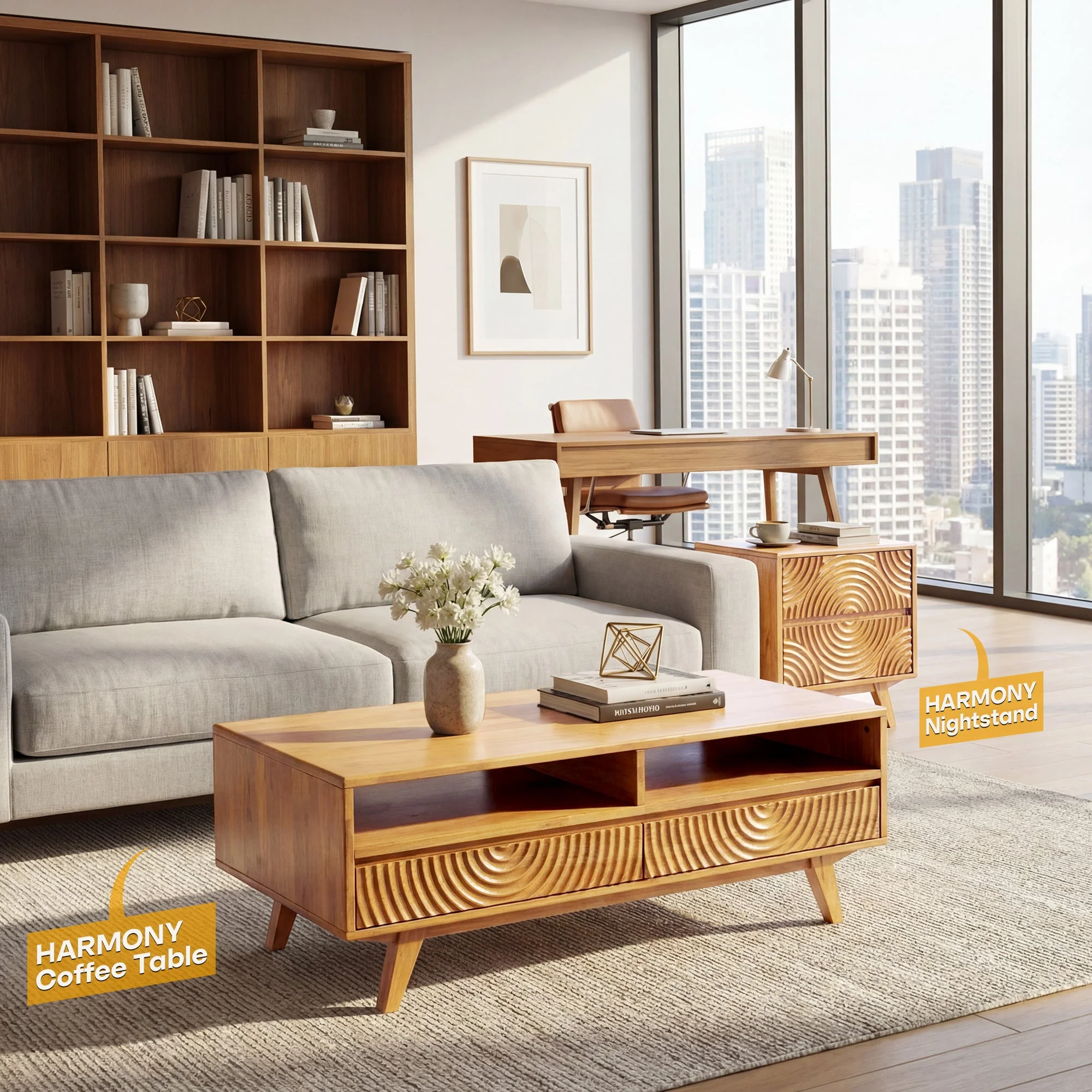 Acacia Harmony Wooden Coffee Table with Drawers & Open Storage - Image 25