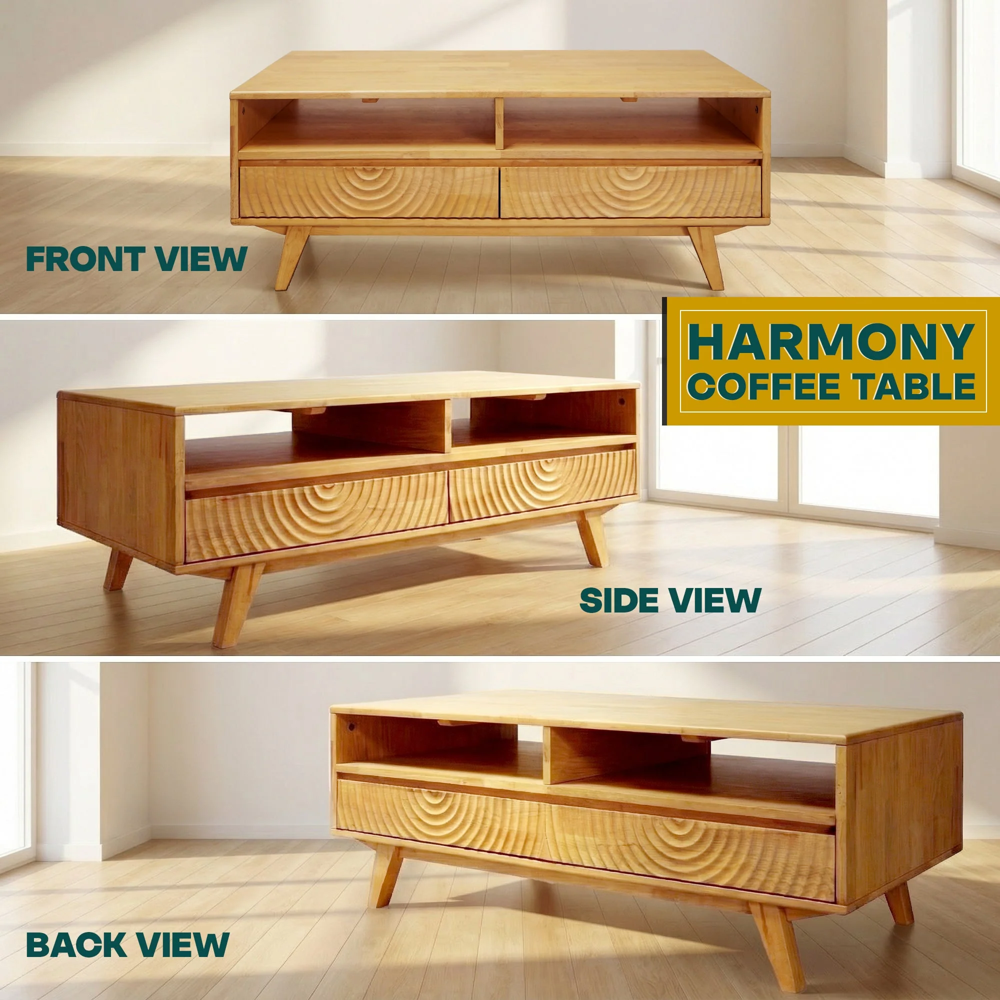 Acacia Harmony Wooden Coffee Table with Drawers & Open Storage - Image 27