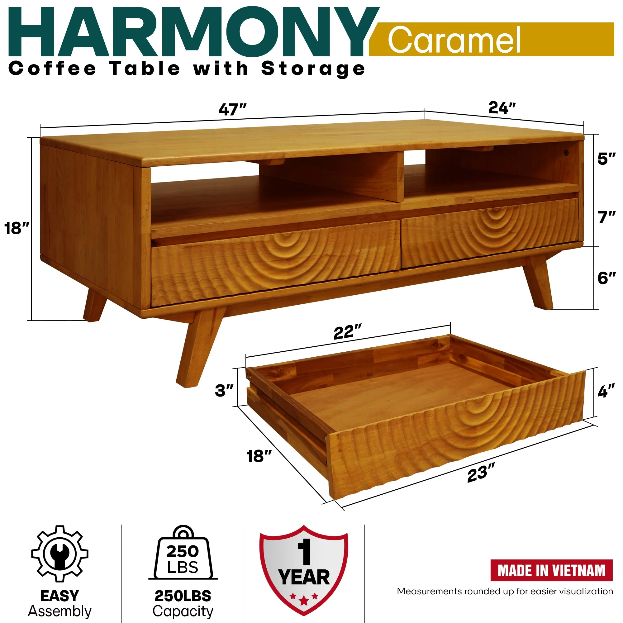 Acacia Harmony Wooden Coffee Table with Drawers & Open Storage - Image 3