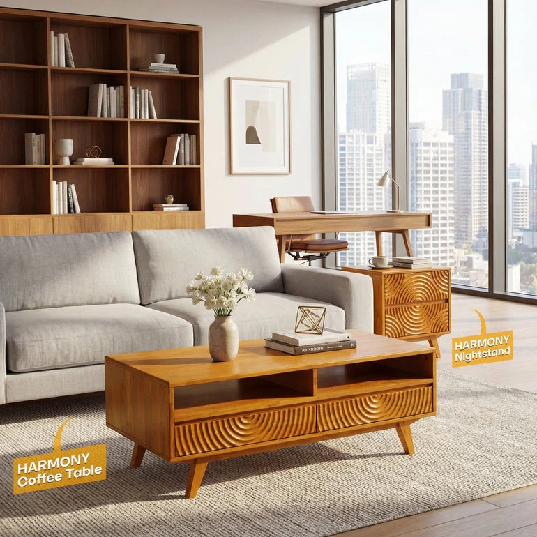 Acacia Harmony Wooden Coffee Table with Drawers & Open Storage - Image 7