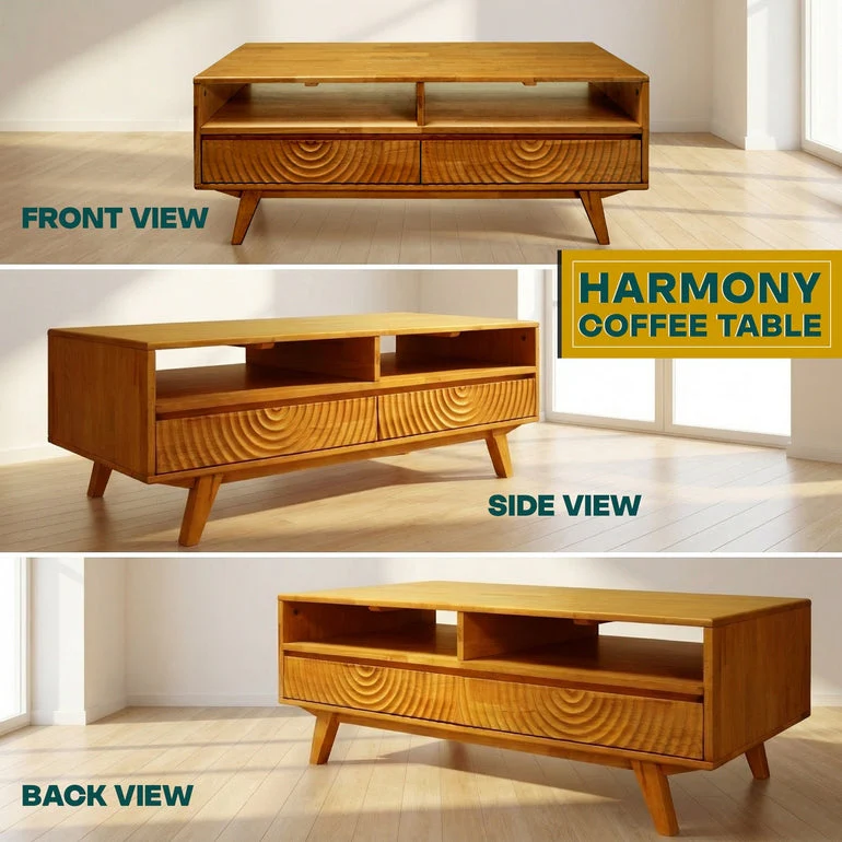 Acacia Harmony Wooden Coffee Table with Drawers & Open Storage - Image 9