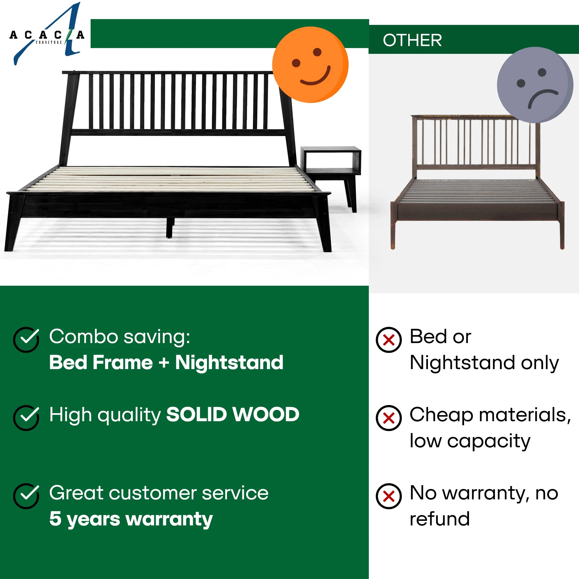 Acacia Kaylin Bed Frame & Nightstand Set for a Stylish Bedroom - Image 6