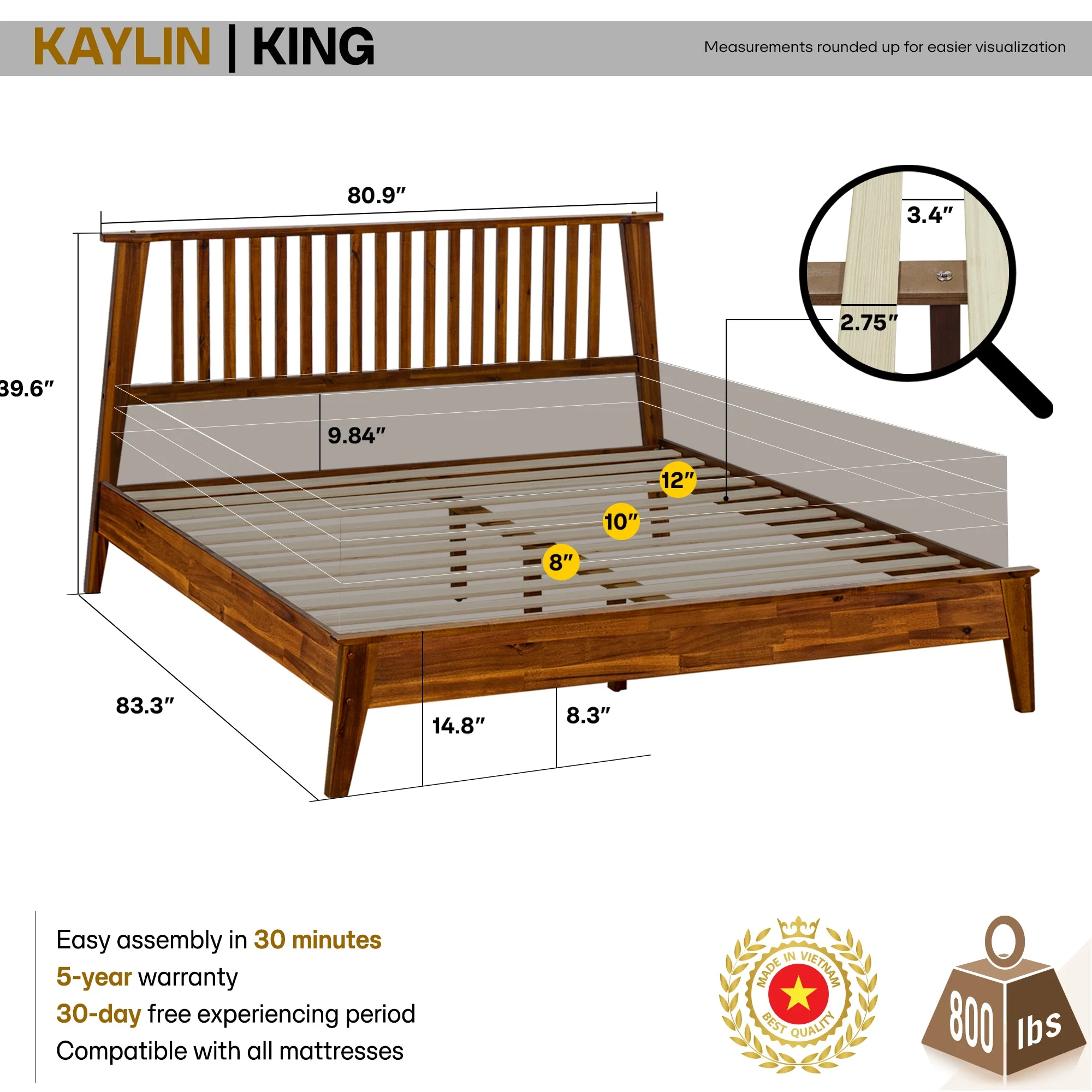 Acacia Kaylin Solid Wood Bed Frame for Durable Style and Comfort - Image 13