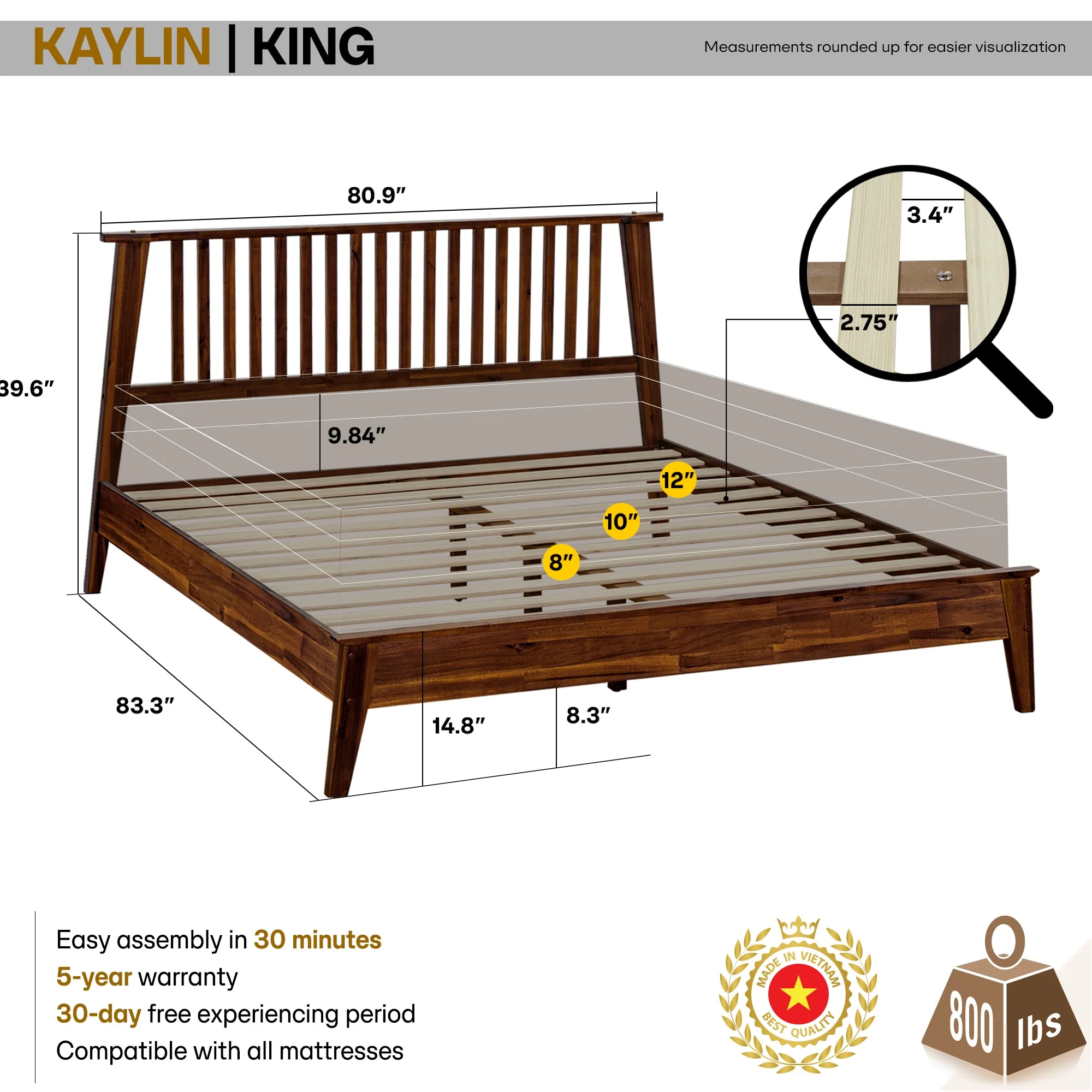 Acacia Kaylin Solid Wood Bed Frame for Durable Style and Comfort - Image 3