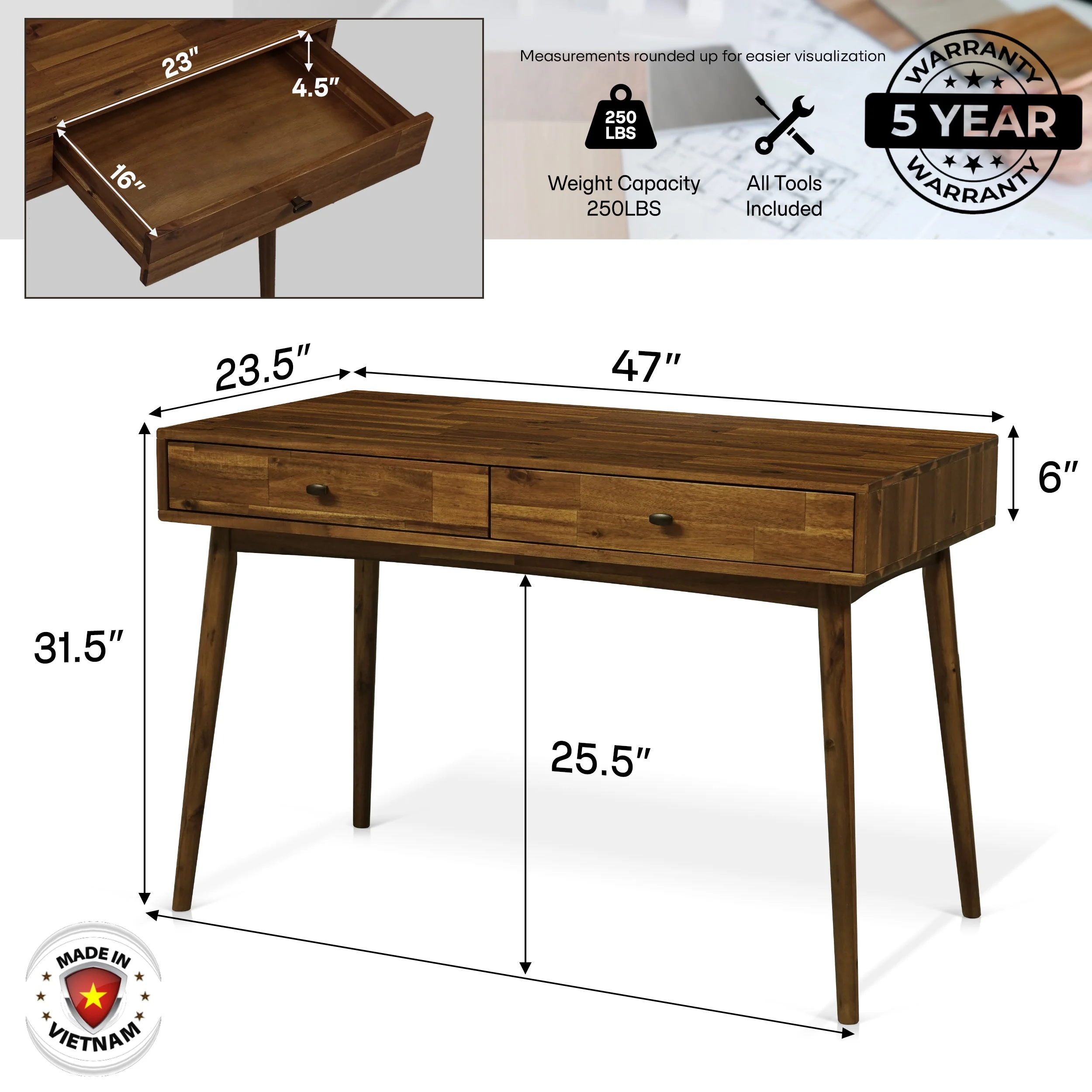 Acacia Lagom 48" Solid Wood Work Desk with Drawers for Functional Home Office - Image 12