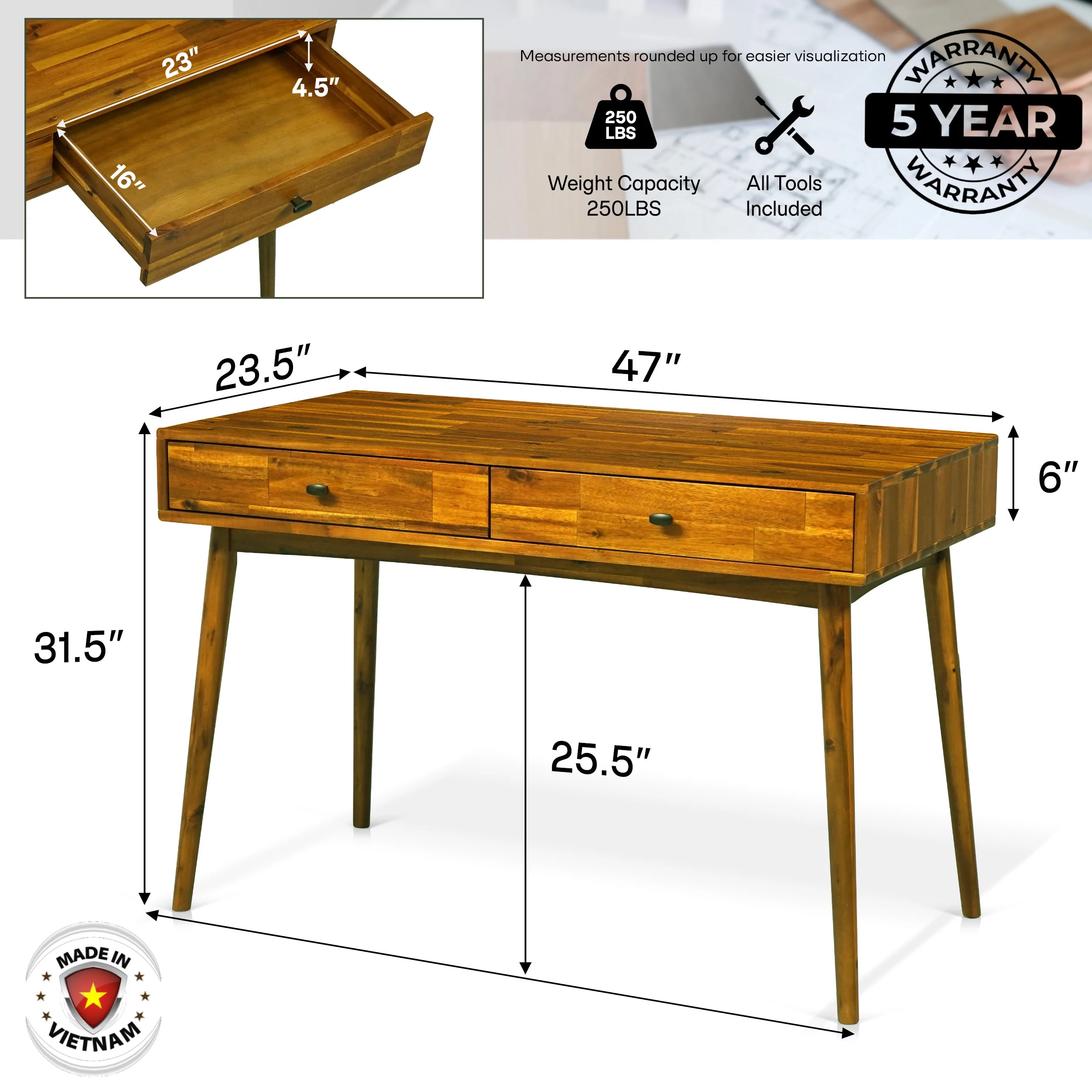 Acacia Lagom 48" Solid Wood Work Desk with Drawers for Functional Home Office - Image 3