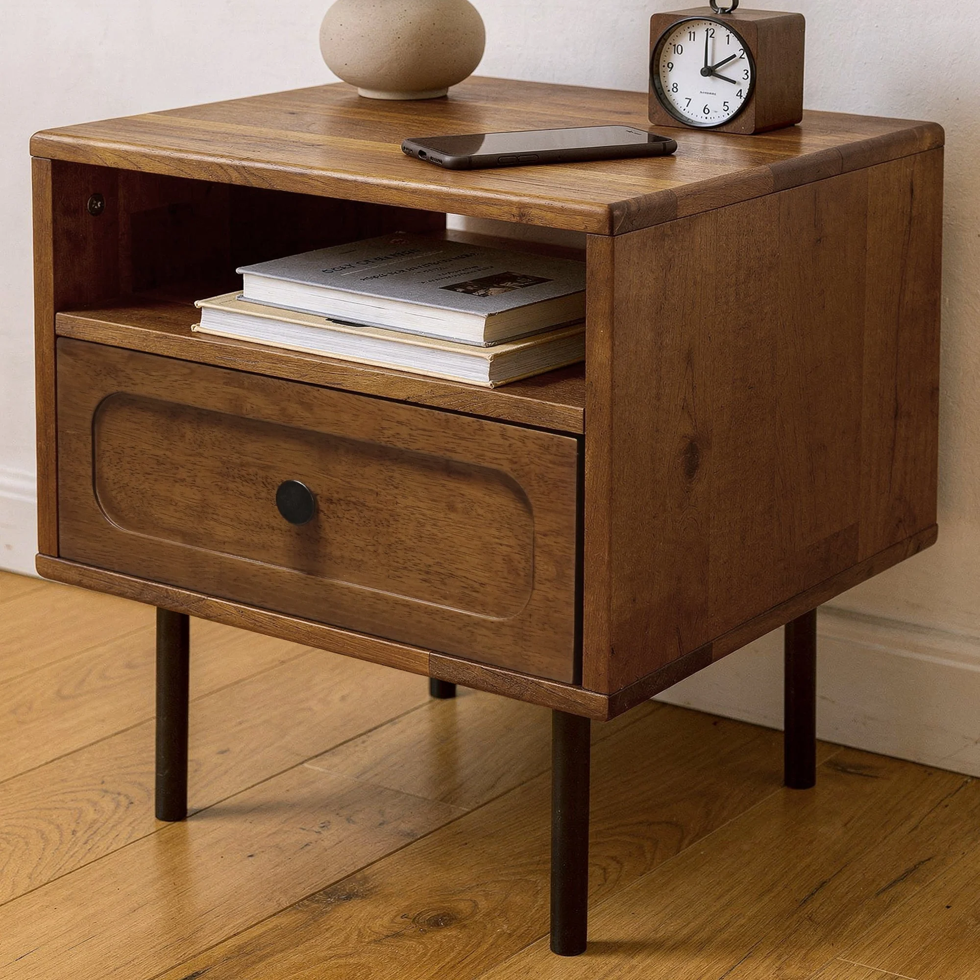 Acacia Savana Mid-Century Modern Single Drawer Solid Wood Nightstand
